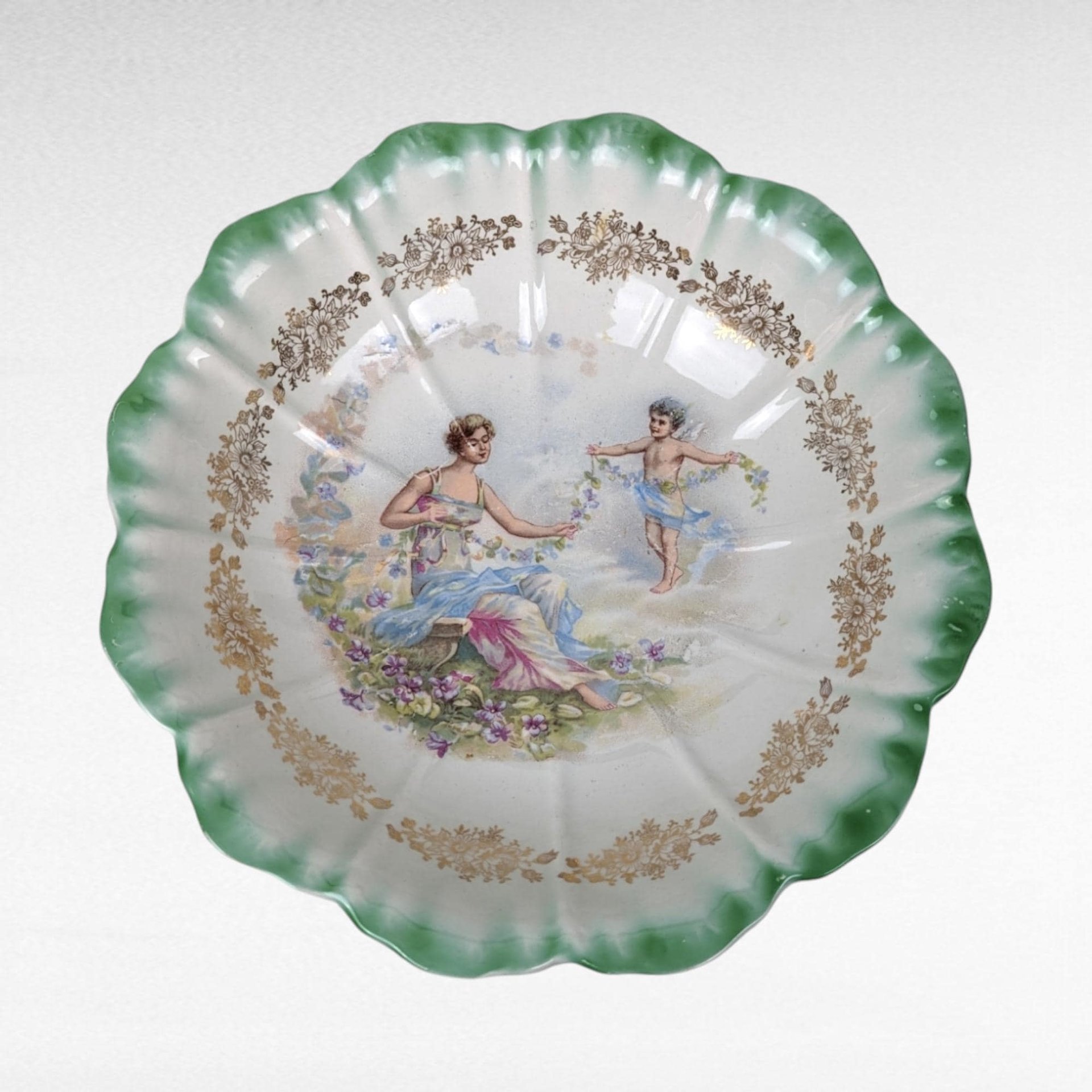 Vintage Dresden (Laurel Leaf Mark) Porcelain Bowl, Woman with Angel Motif, Green & Gold Trim, 9.25 Inches