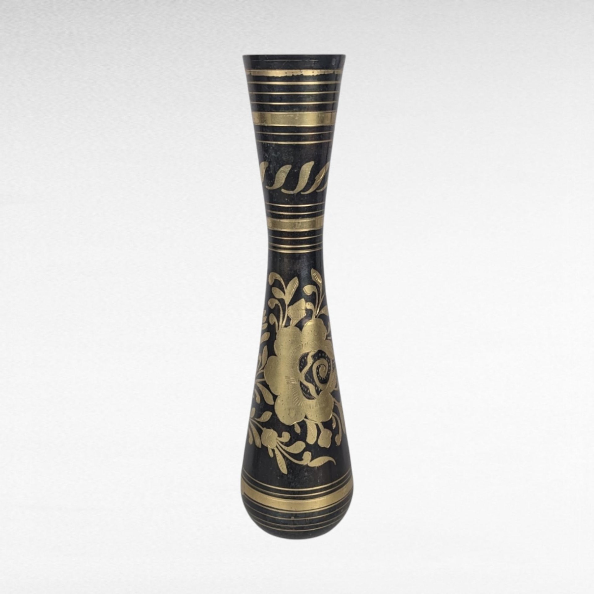 Vintage Brass Vases from India, Black and Gold, Floral Etched, 11 3/4" Tall, Pair, Home Decor, Boho Chic