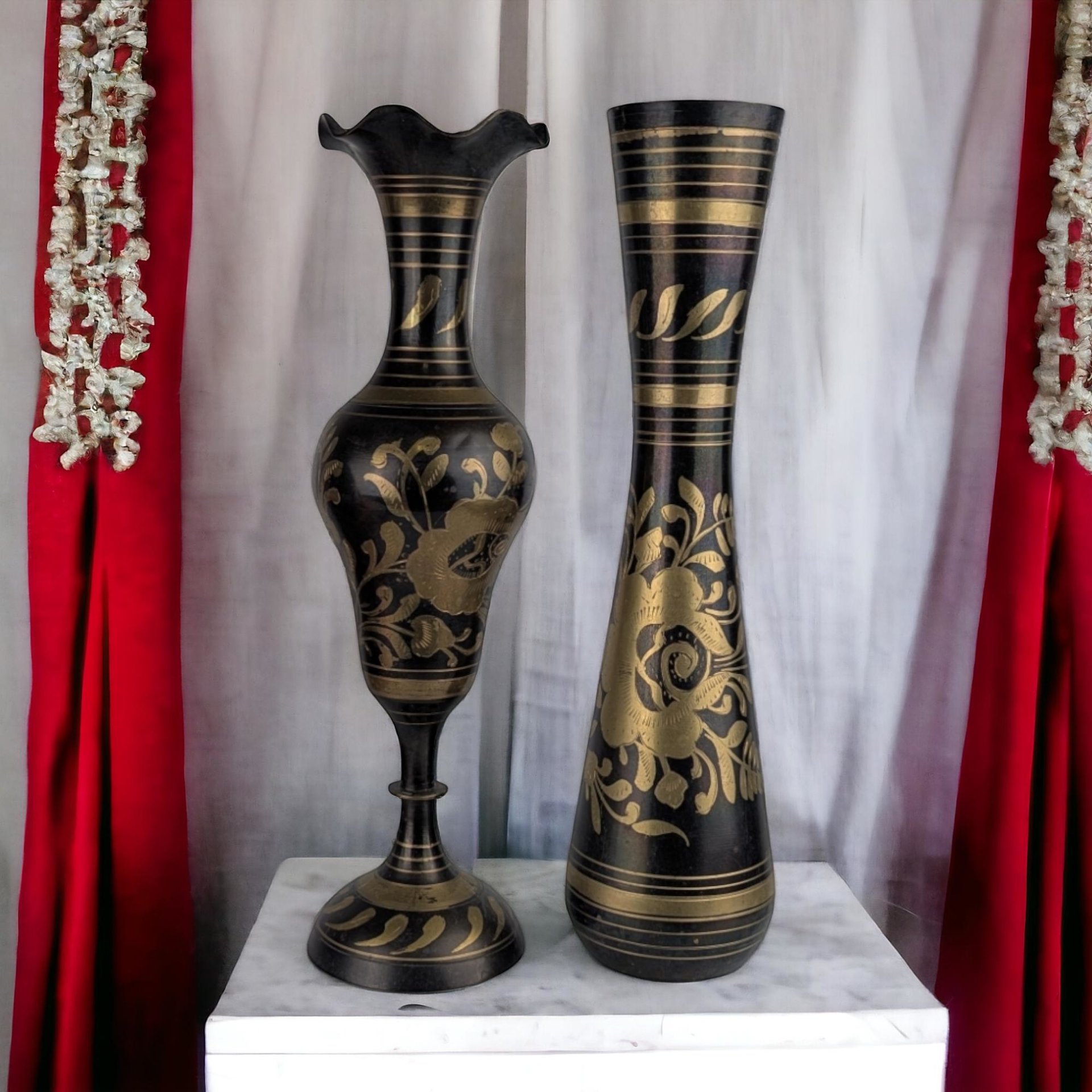 Vintage Brass Vases from India, Black and Gold, Floral Etched, 11 3/4" Tall, Pair, Home Decor, Boho Chic