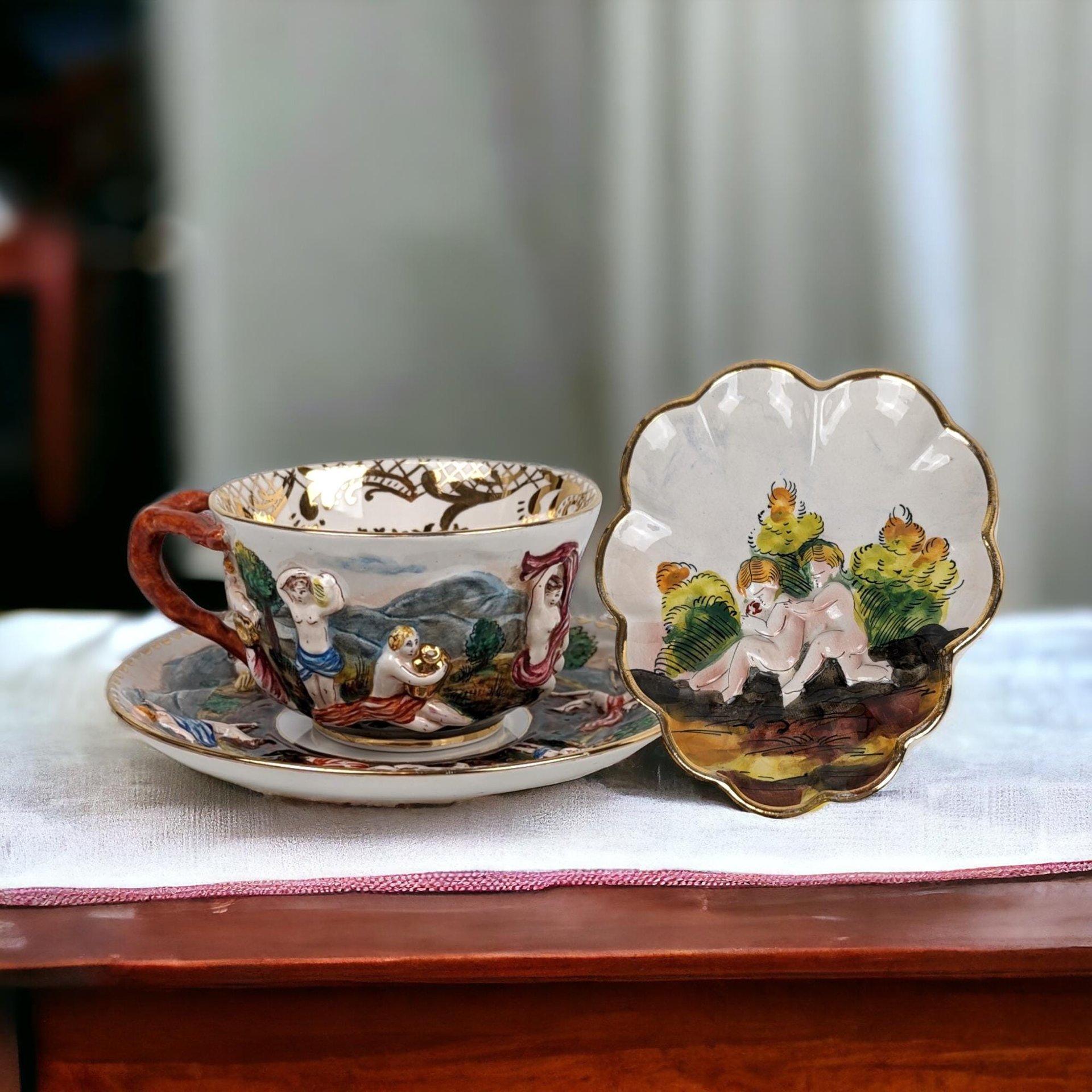 Vintage Italian Capodimonte Cup and Saucer Set with Embossed Trinket Dish | Hand-Painted Porcelain | Collectible Italian Ceramics