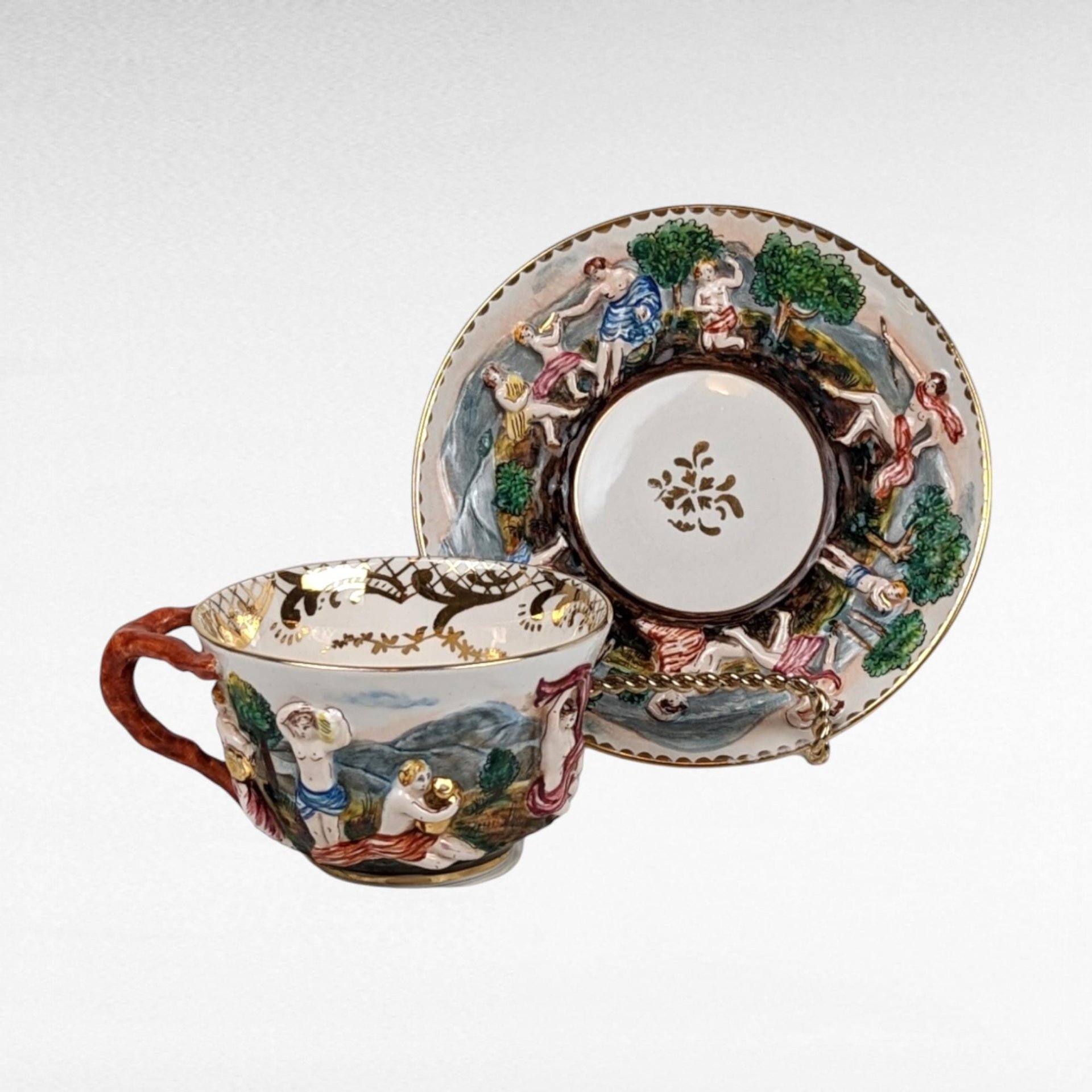 Vintage Italian Capodimonte Cup and Saucer Set with Embossed Trinket Dish | Hand-Painted Porcelain | Collectible Italian Ceramics