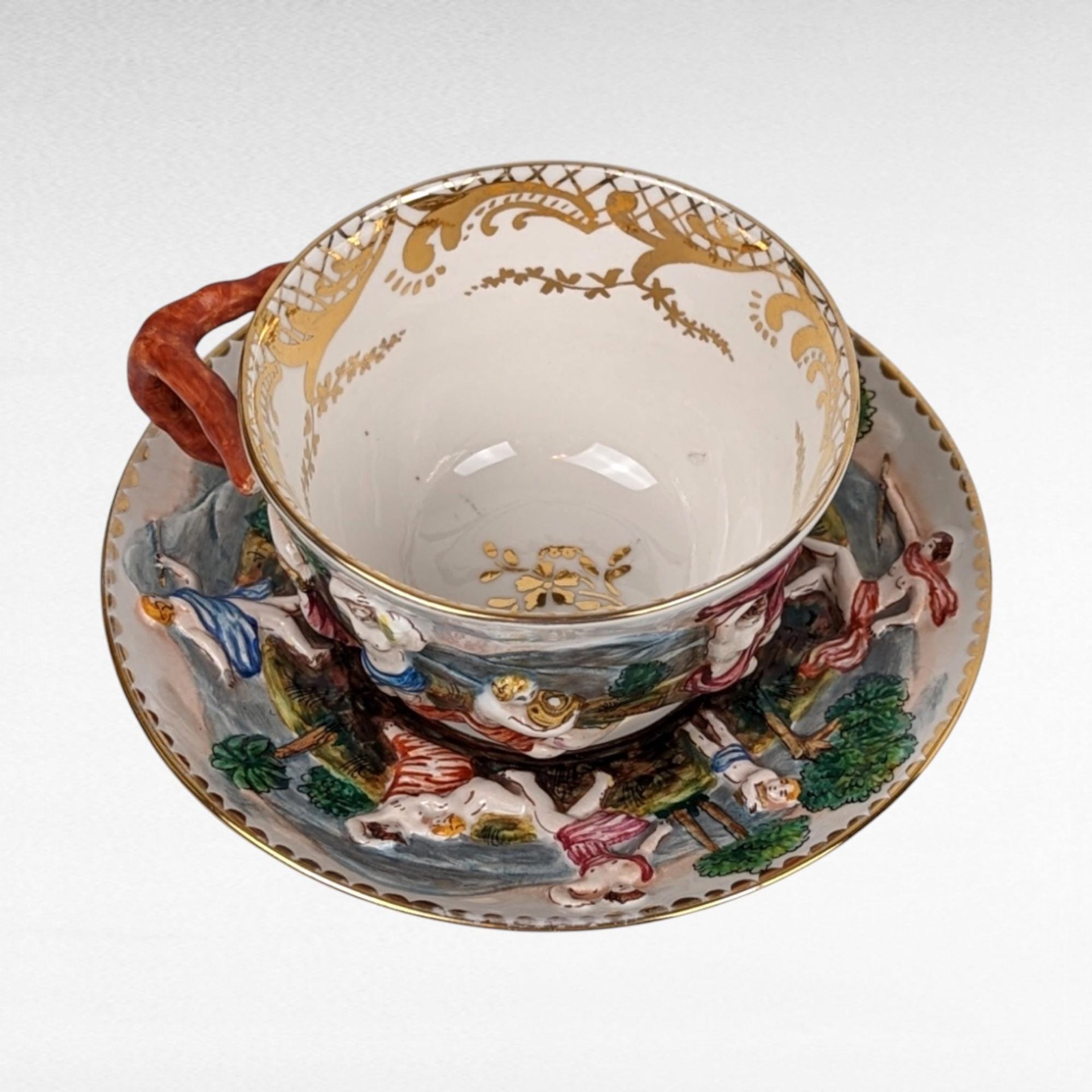 Vintage Italian Capodimonte Cup and Saucer Set with Embossed Trinket Dish | Hand-Painted Porcelain | Collectible Italian Ceramics