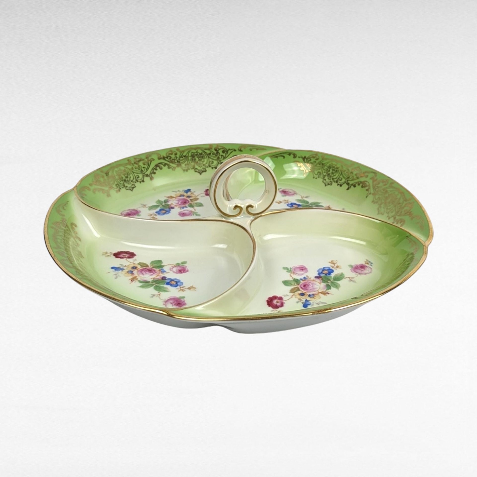 Vintage Tirschenreuth Bavaria Serving Tray | 4-Part Divided Dish | Green with Gold and Floral Décor | 10 3/4 Inch