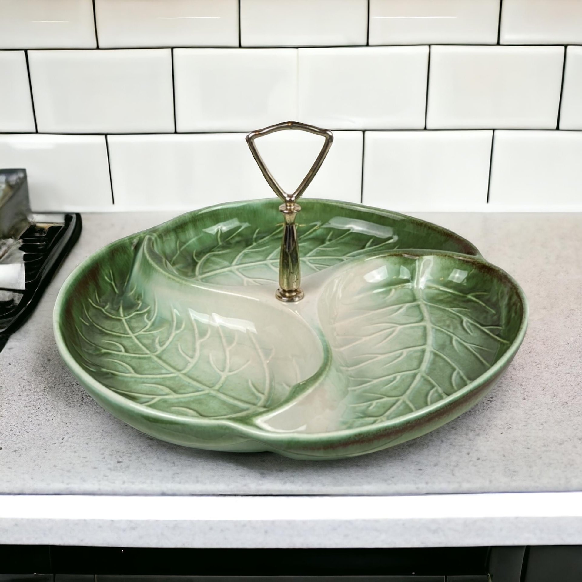 Vintage Royal Haeger Leaf Serving Tray | 3-Section Divided Dish | Green Ceramic with Gold Handle | Mid-Century Modern | 12.25 Inches