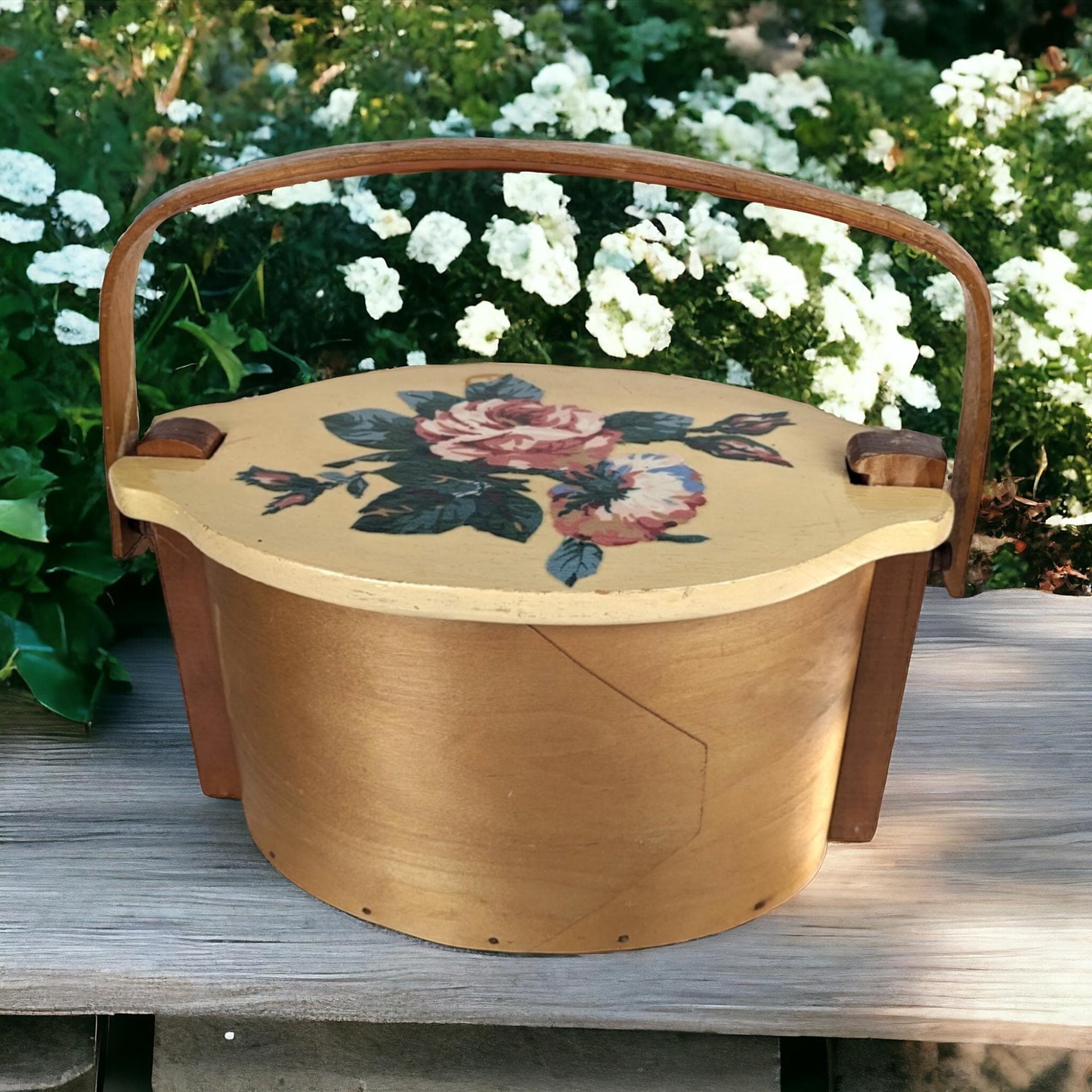 Vintage Putney Basketville Floral Basket | Hand-Painted Wooden Basket with Lid | Sewing Basket | Storage Basket | Cottagecore Decor