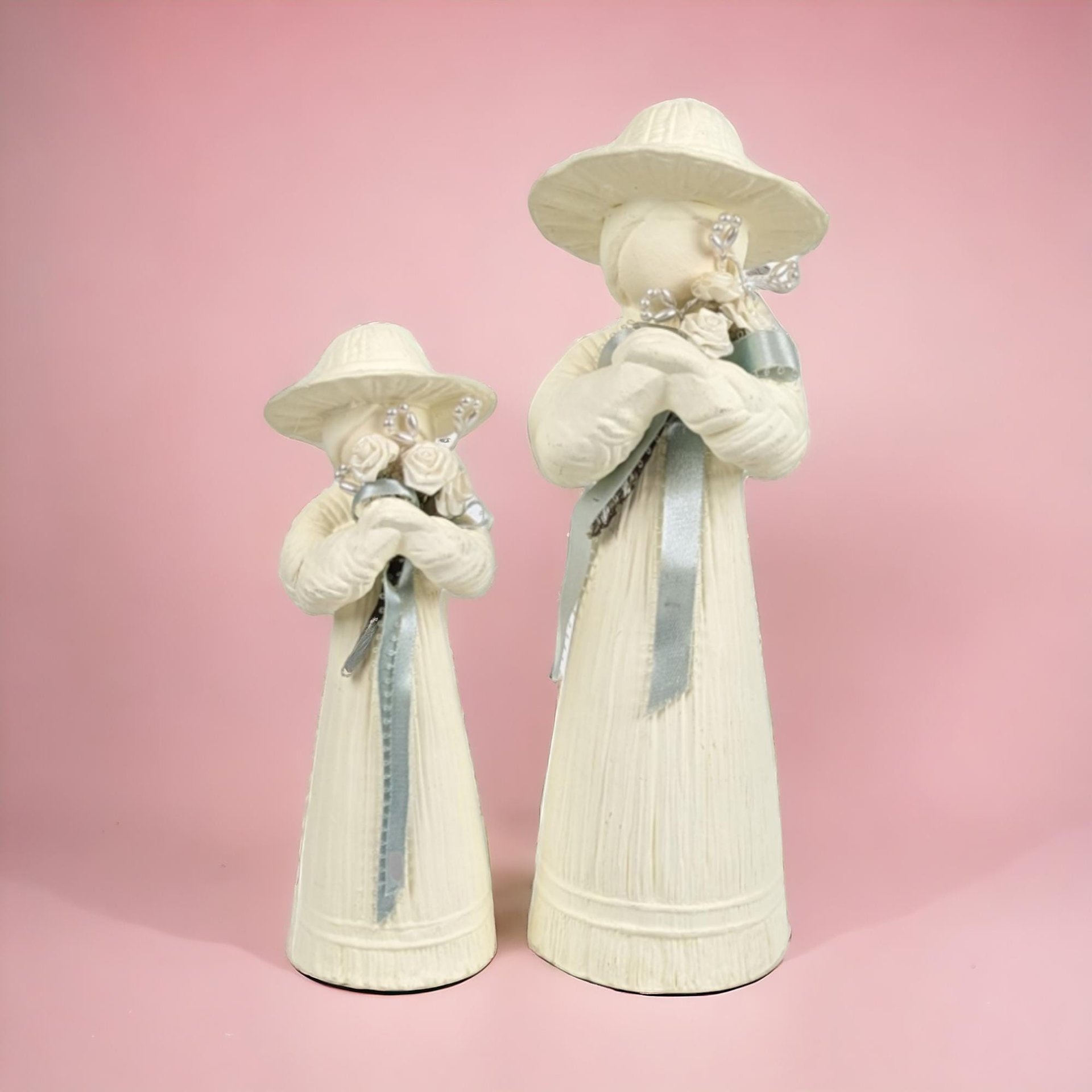 Vintage Mother Daughter Figurines | Ceramic Figurines | White with Blue Ribbon | Shabby Chic Decor | Gift for Mom