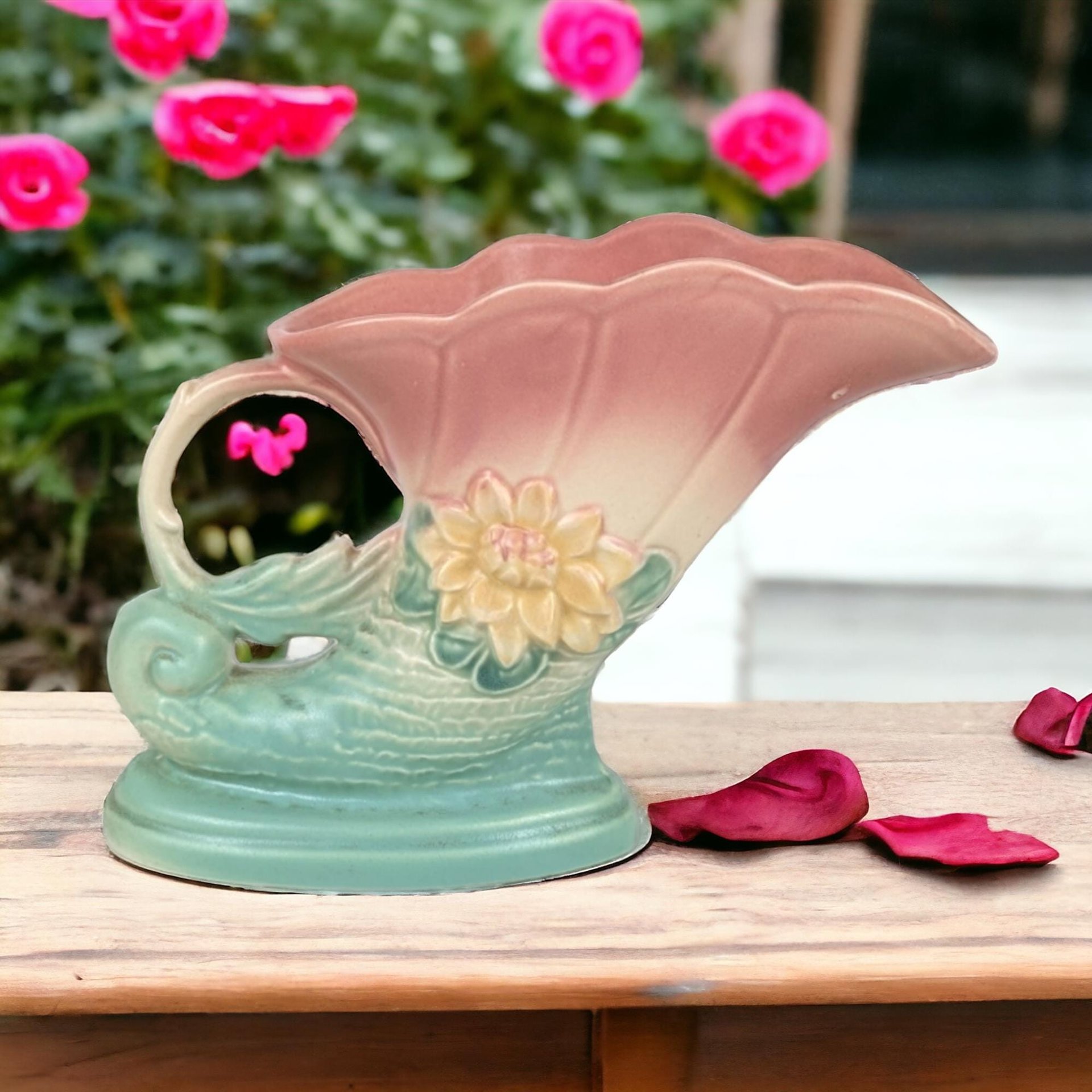 Vintage Hull Pottery Cornucopia Vase, Waterlily Design, Pink and Turquoise Vase, Art Deco Vase, Mid-Century Modern, 1940s, 6.5 Inches