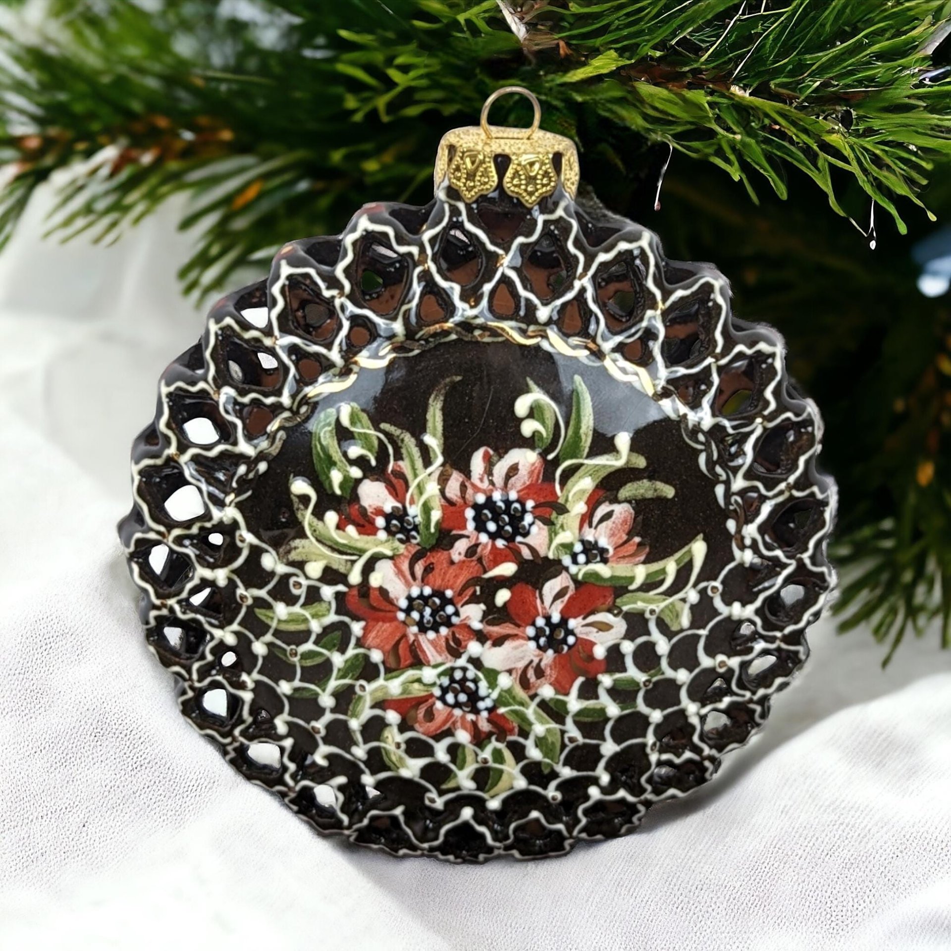Vintage Handpainted Clay Ornament, 4-Inch Round, Dark Brown/Black with Red Flowers, Christmas Ornament, Holiday Decor, Gift for Collector