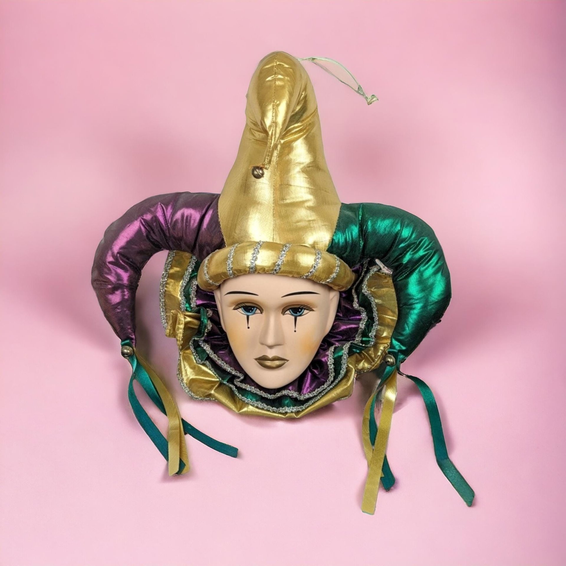 Vintage Porcelain Jester Wall Hanging, Mardi Gras Decor, Harlequin Mask,  Jesters Mask Wall Decor,  Masquerade Decor