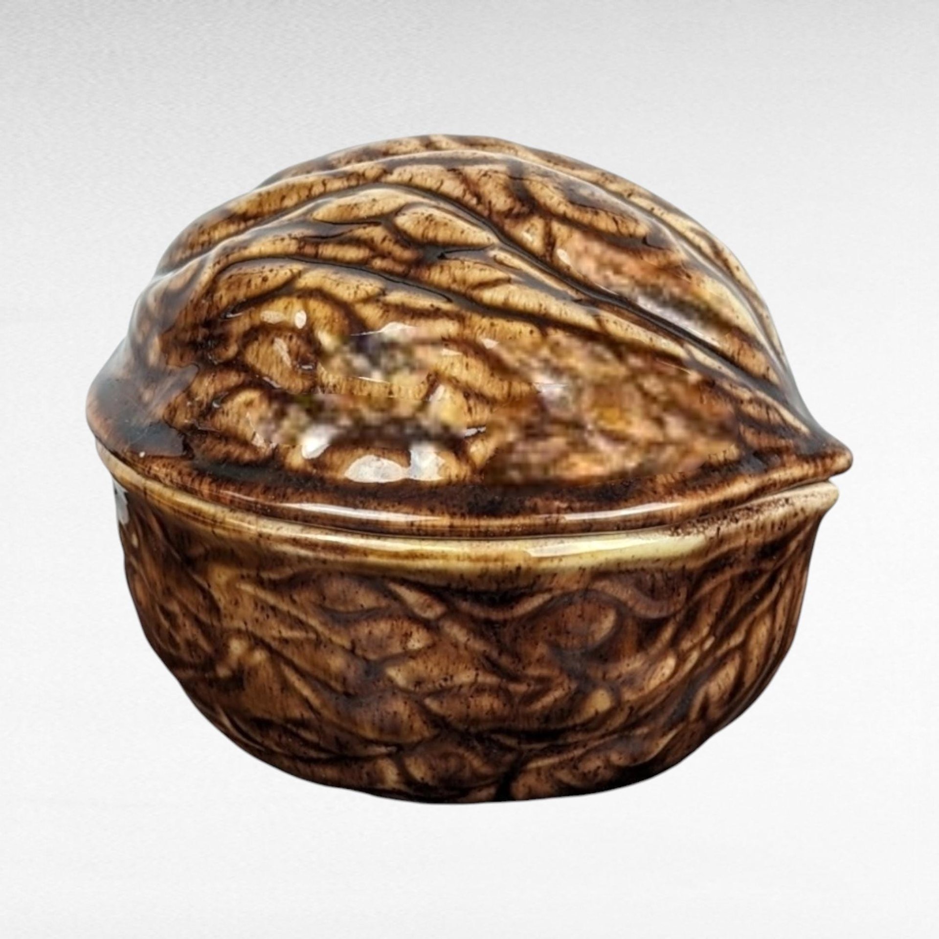 Hand Painted Walnut Trinket Box, Ceramic Walnut Bowl, Signed Bunny, Decorative Box, Unique Gift, Vintage Decor