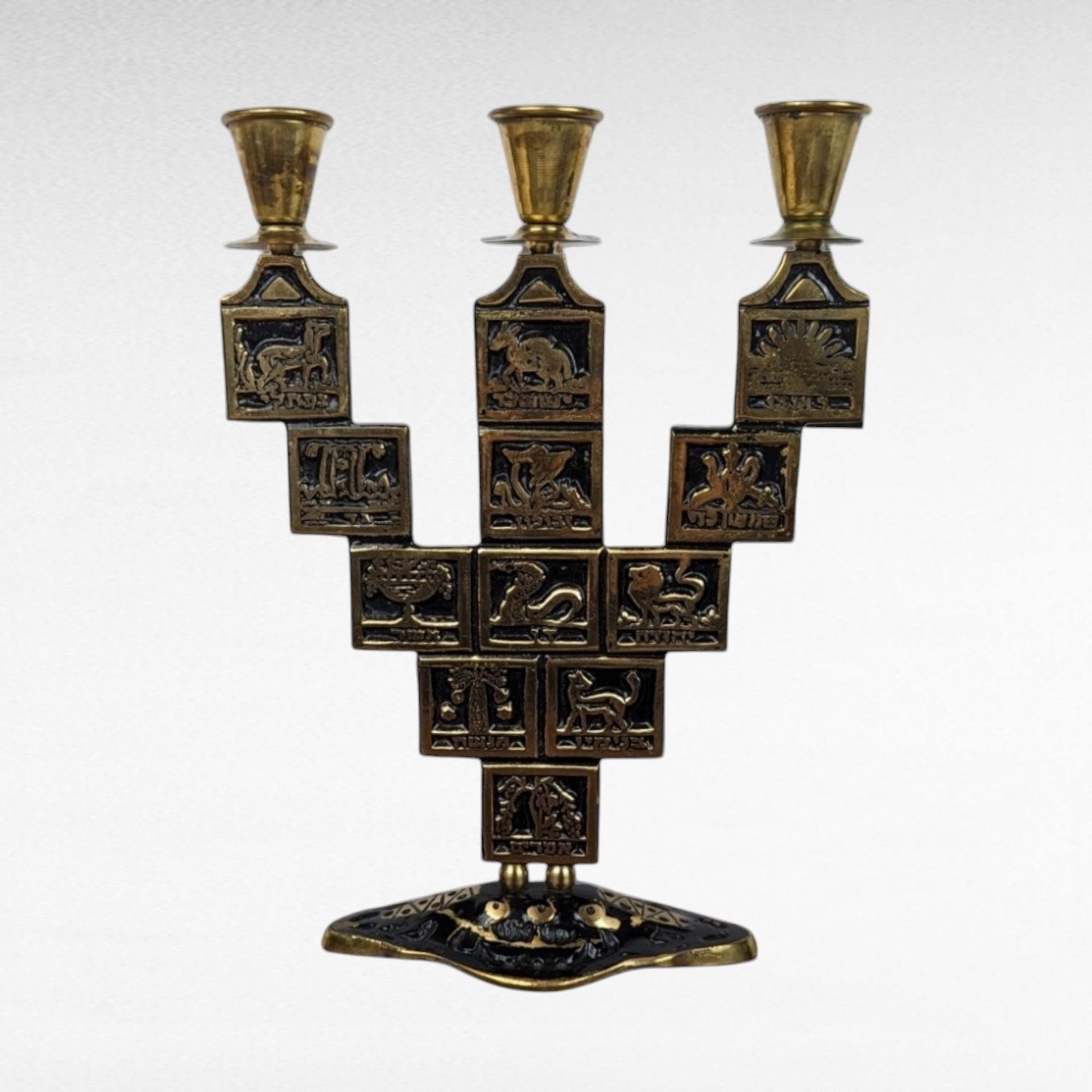Vintage Goldtone & Black Enamel Astrological Candelabra, 3 Arm Candlestick Holder, Zodiac Candle Holder, Celestial Decor