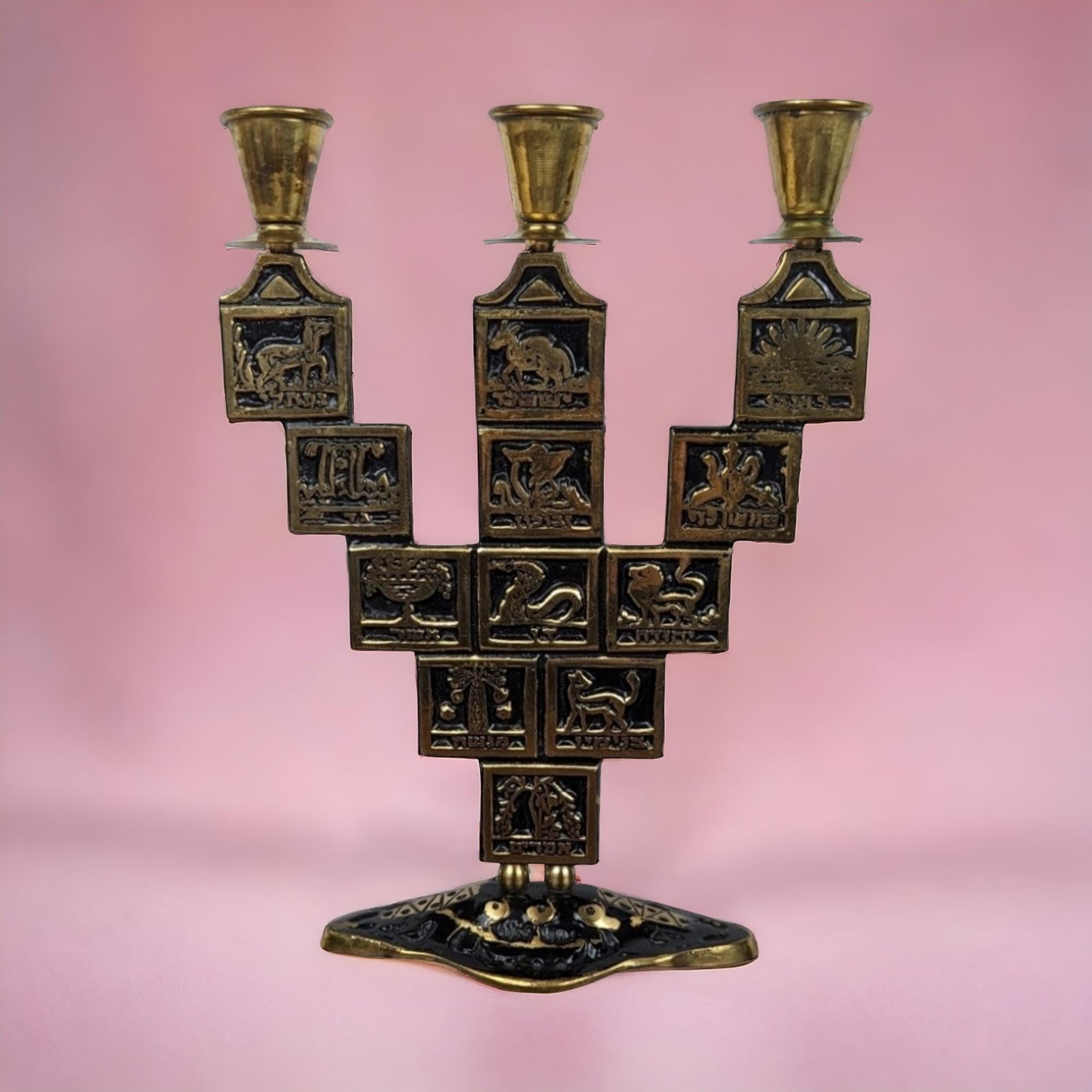 Vintage Goldtone & Black Enamel Astrological Candelabra, 3 Arm Candlestick Holder, Zodiac Candle Holder, Celestial Decor