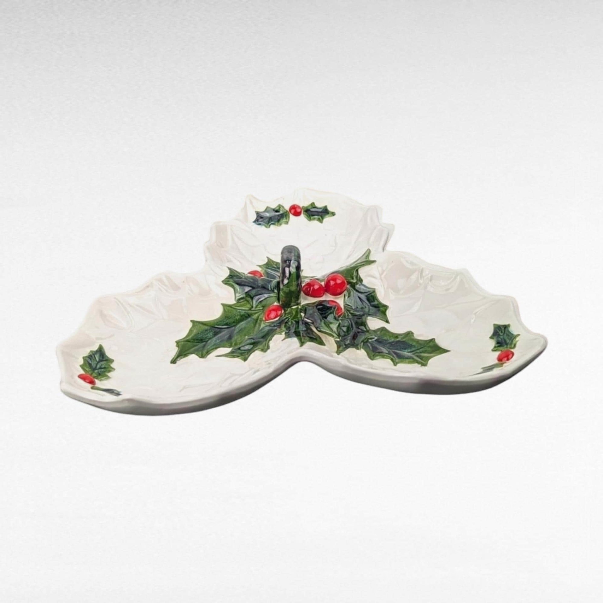 Vintage Lefton Holly Berry Relish Dish | 3-Part Serving Dish | Christmas Tableware | 1970s Ceramic