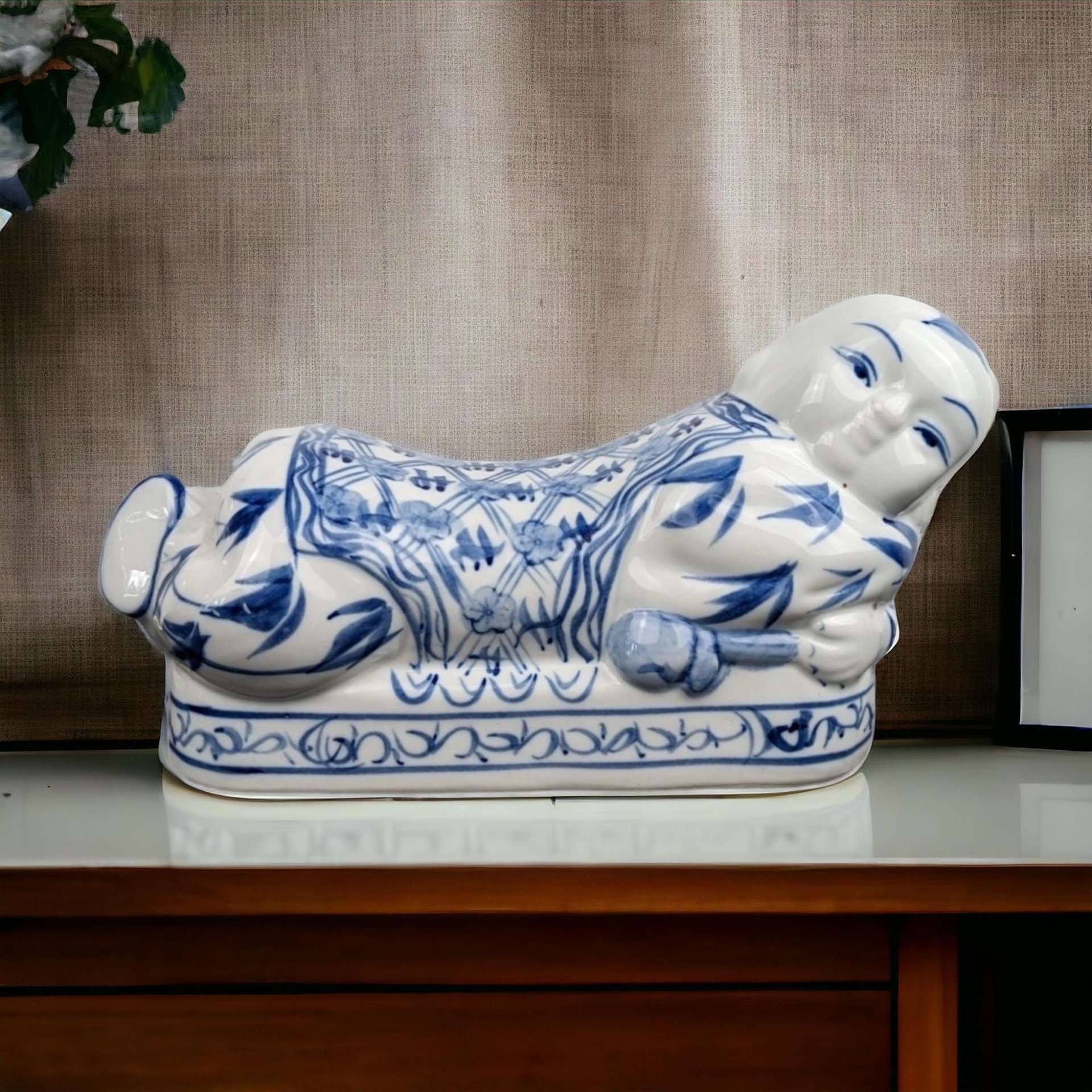 Vintage Chinese Porcelain Headrest |  Blue and White Pillow |  Chinese Ceramic Pillow | Asian Decor
