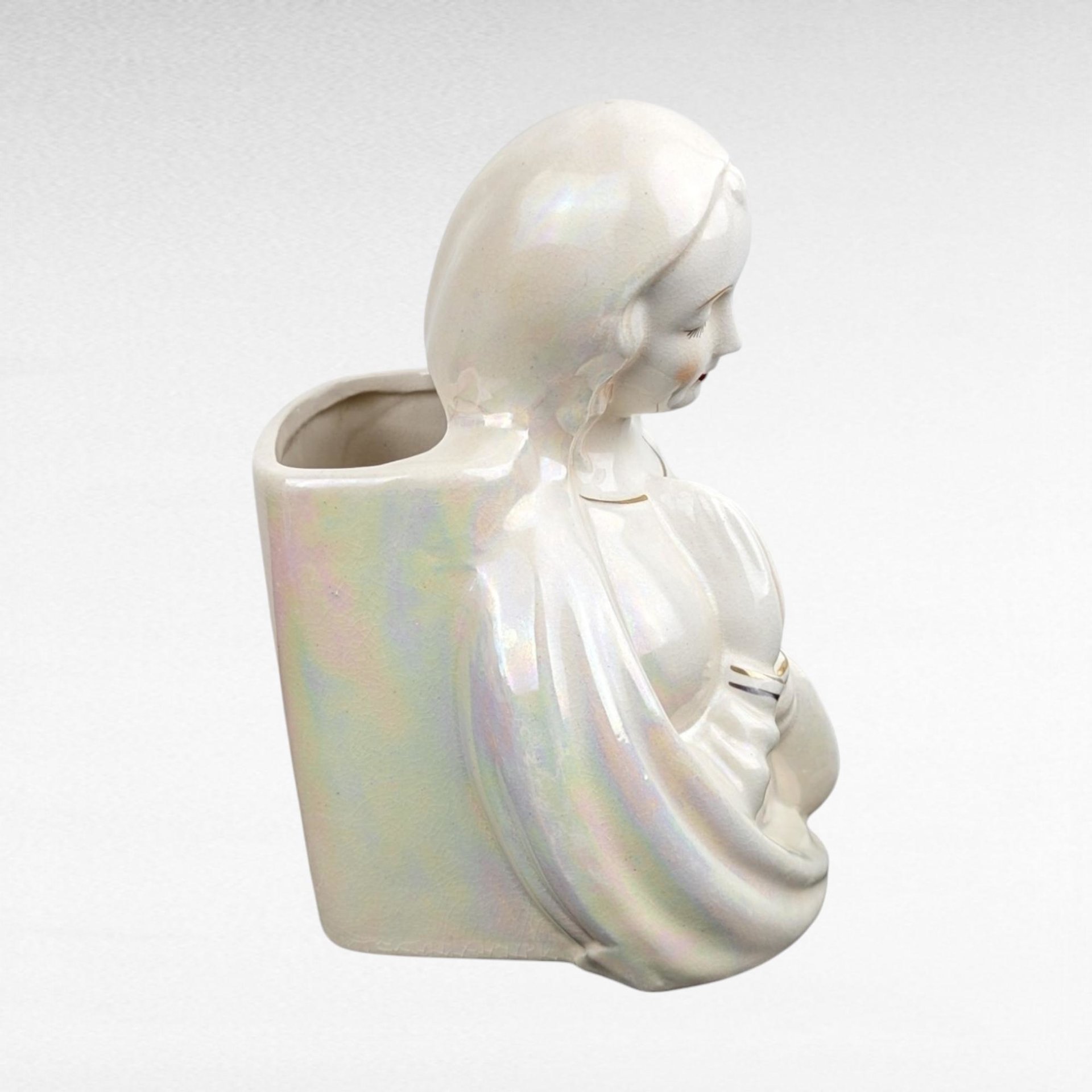 Vintage Iridescent Madonna Head Vase | Ceramic Virgin Mary Planter | Religious Decor | Mid-Century Modern