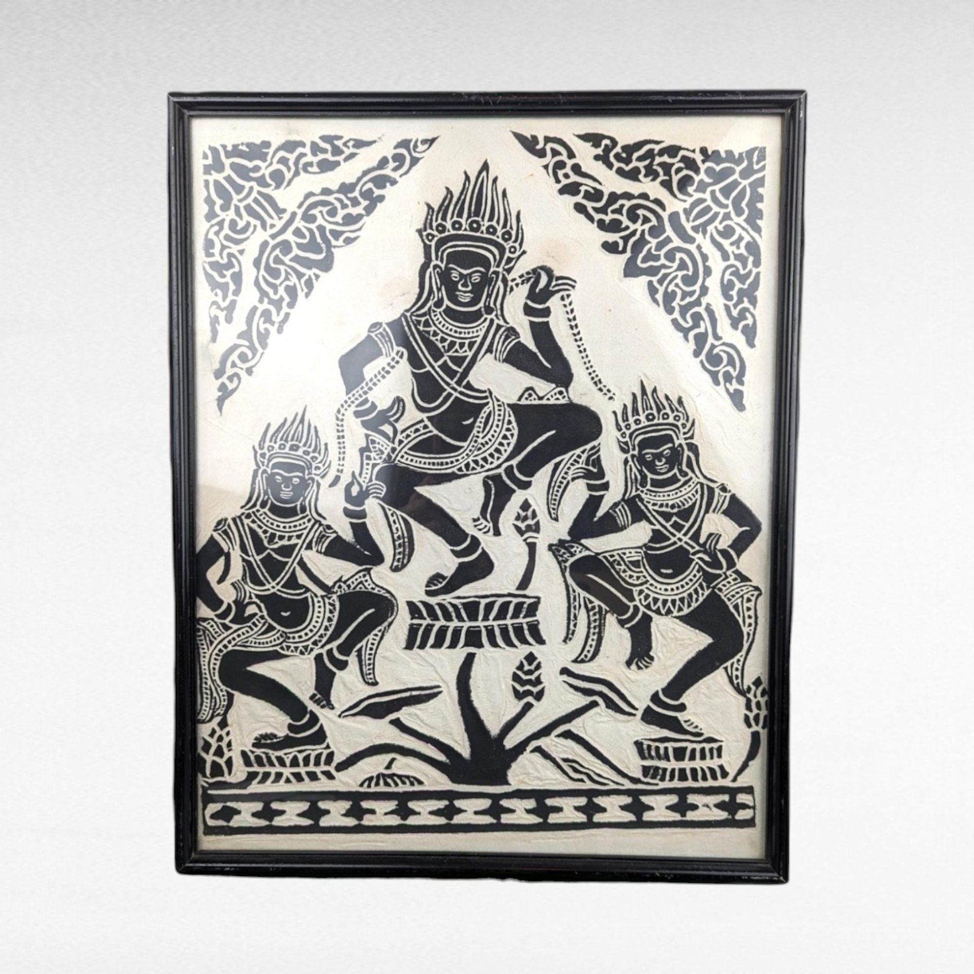 Vintage Framed Thai Goddess Rice Paper Art, Asian Wall Decor, Black and White Art, Thai Dancer Art, Buddhist Art, Spiritual Decor