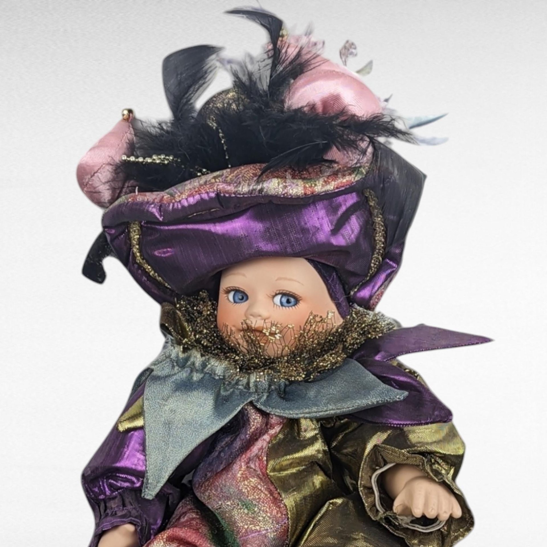Vintage Baby Harlequin Jester Doll, 11 Inch Porcelain Doll, Collectible Clown Doll, Jester Decor, Unique Gift for Collectors