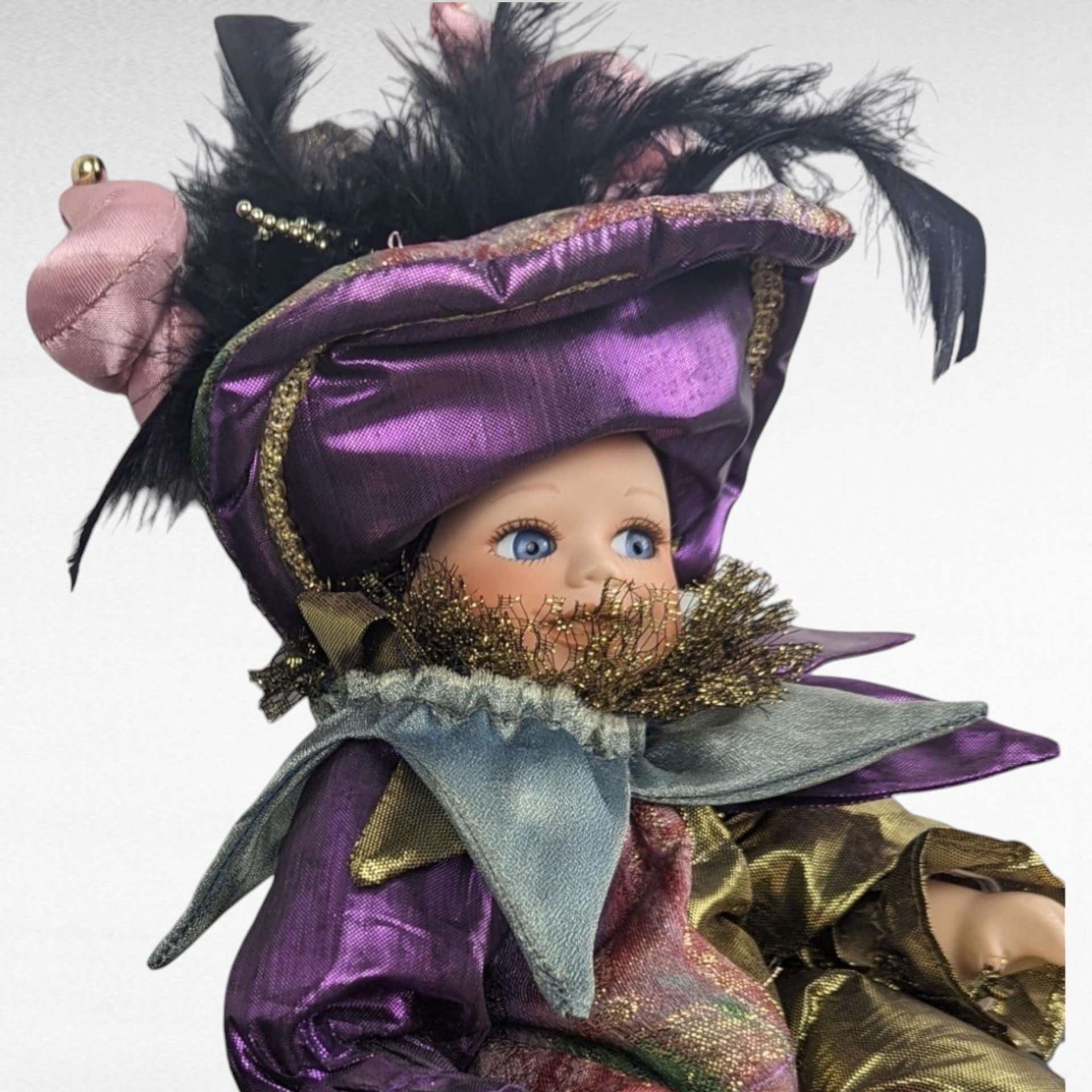 Vintage Baby Harlequin Jester Doll, 11 Inch Porcelain Doll, Collectible Clown Doll, Jester Decor, Unique Gift for Collectors