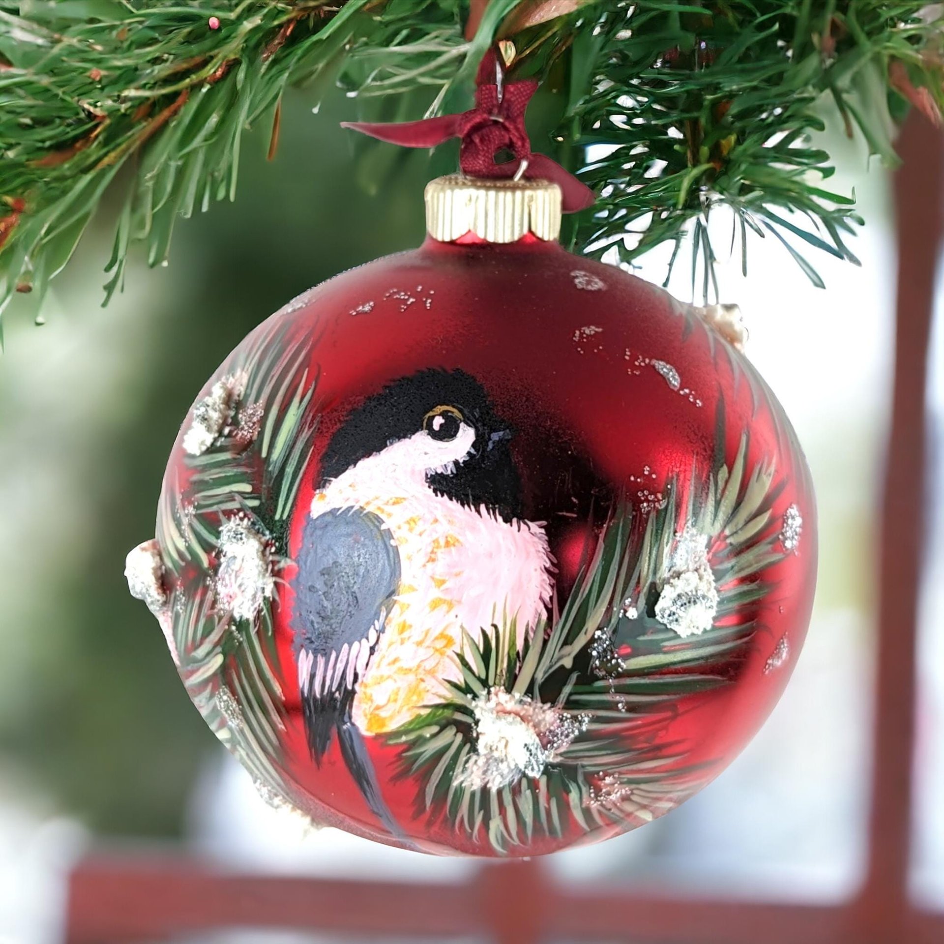 Vintage Hand Painted Chickadee Christmas Ornament, Red Glass Ornament, Winter Bird Ornament, Nature Lover Gift, Holiday Decor