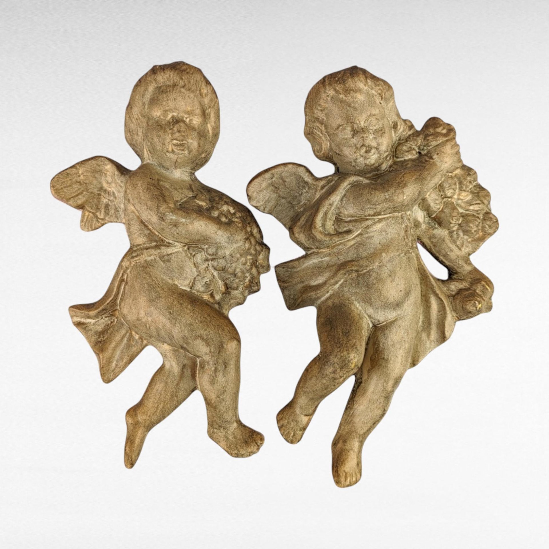 Vintage Ceramic Cherub Wall Hangings - Painted Gold - Angelic Decor - 8 1/2 Inches Tall