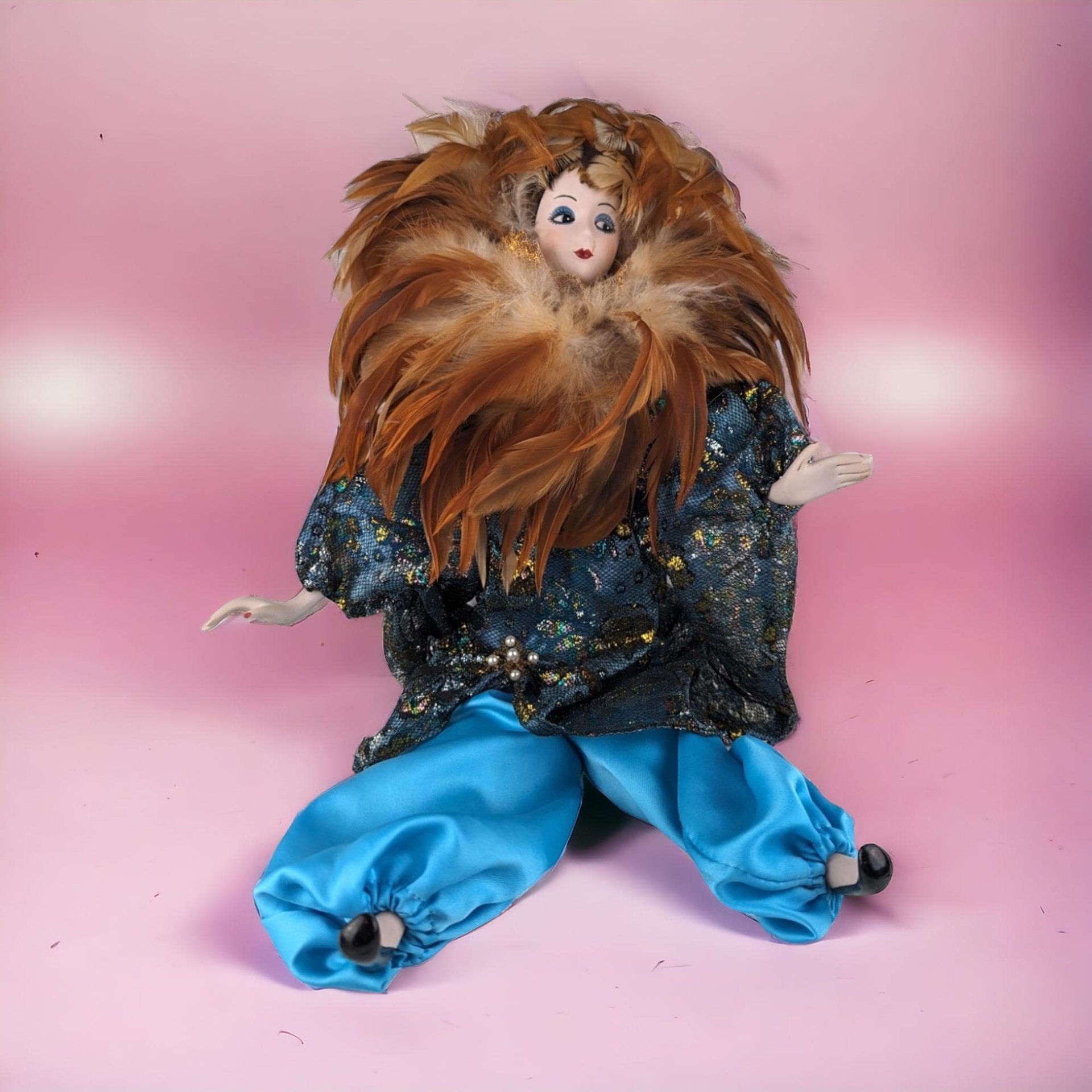 Vintage Porcelain Harlequin Doll - Art Fashion Doll - Feather Accents - 18 InchesTall - Collectible Doll