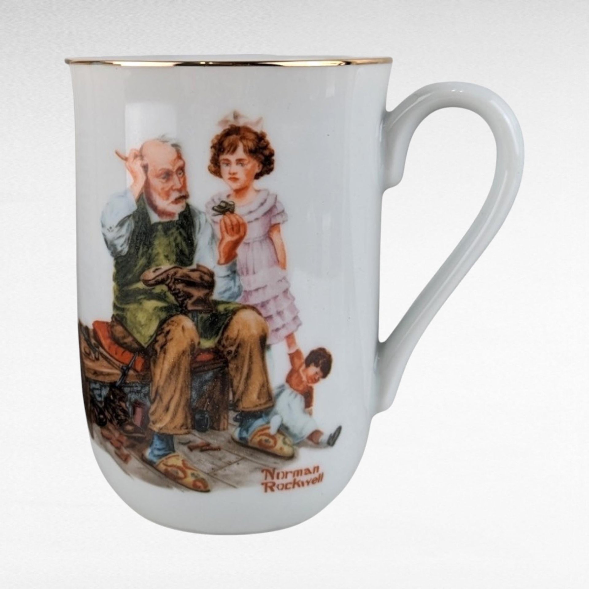 Vintage 1982 Norman Rockwell Mug Set | 4 Porcelain Coffee Mugs | 24k Gold Trim | Gift for Collectors
