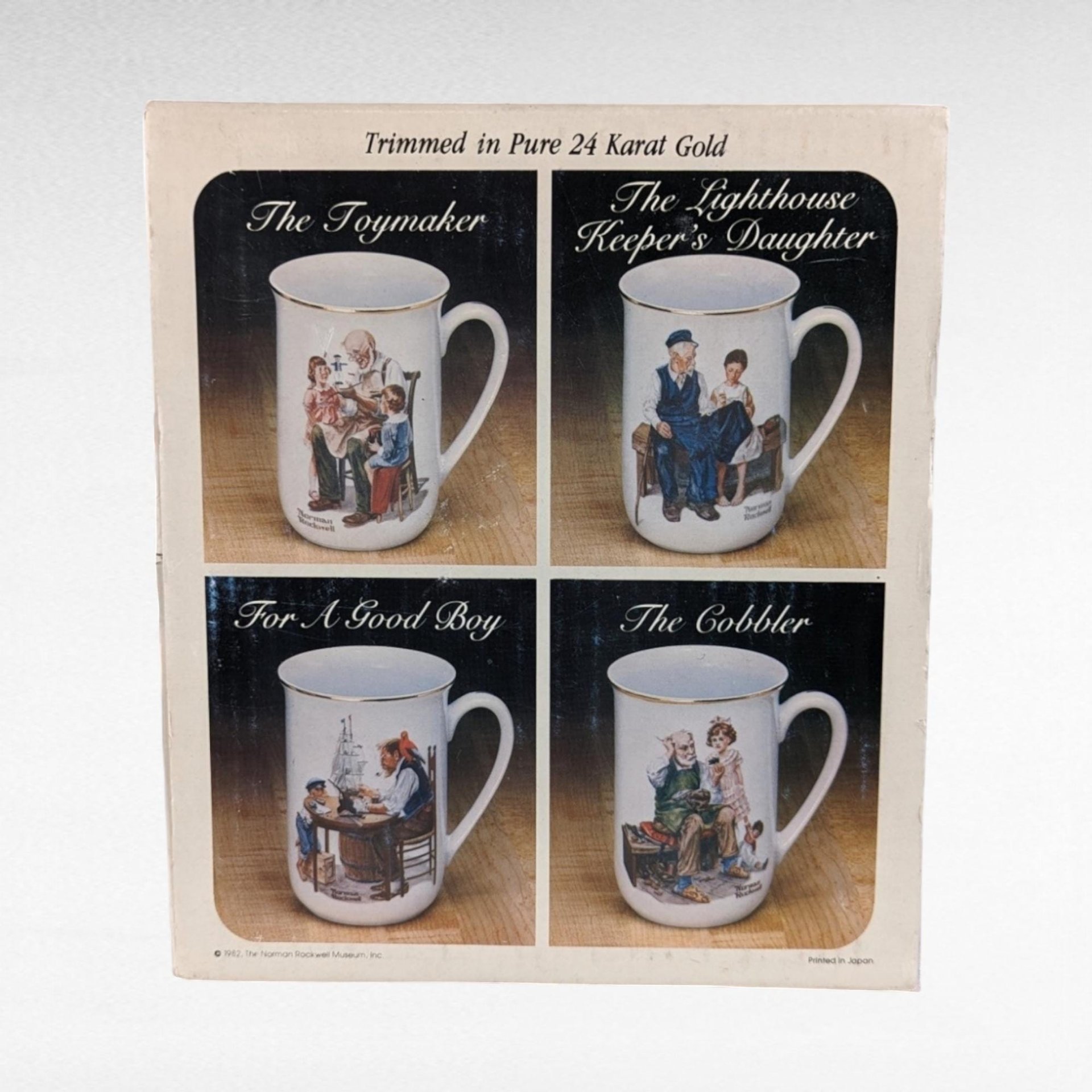 Vintage 1982 Norman Rockwell Mug Set | 4 Porcelain Coffee Mugs | 24k Gold Trim | Gift for Collectors