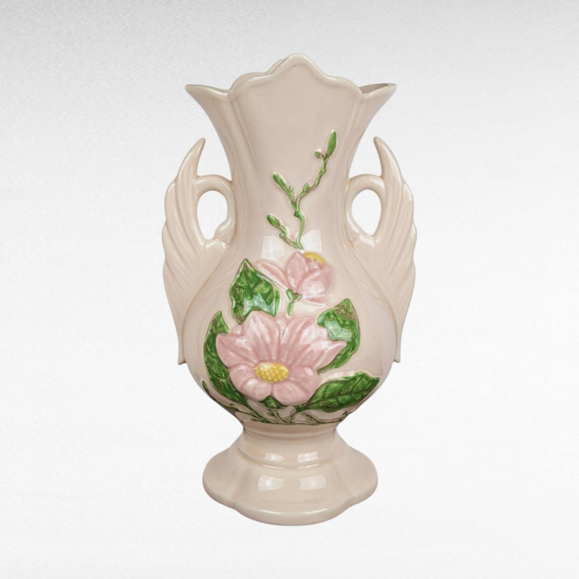 Pair of Imperfect Vintage Hull Pottery Magnolia Vases | Pink Hull Vases | Art Deco Floral Vases | 12.5 Inch Vases