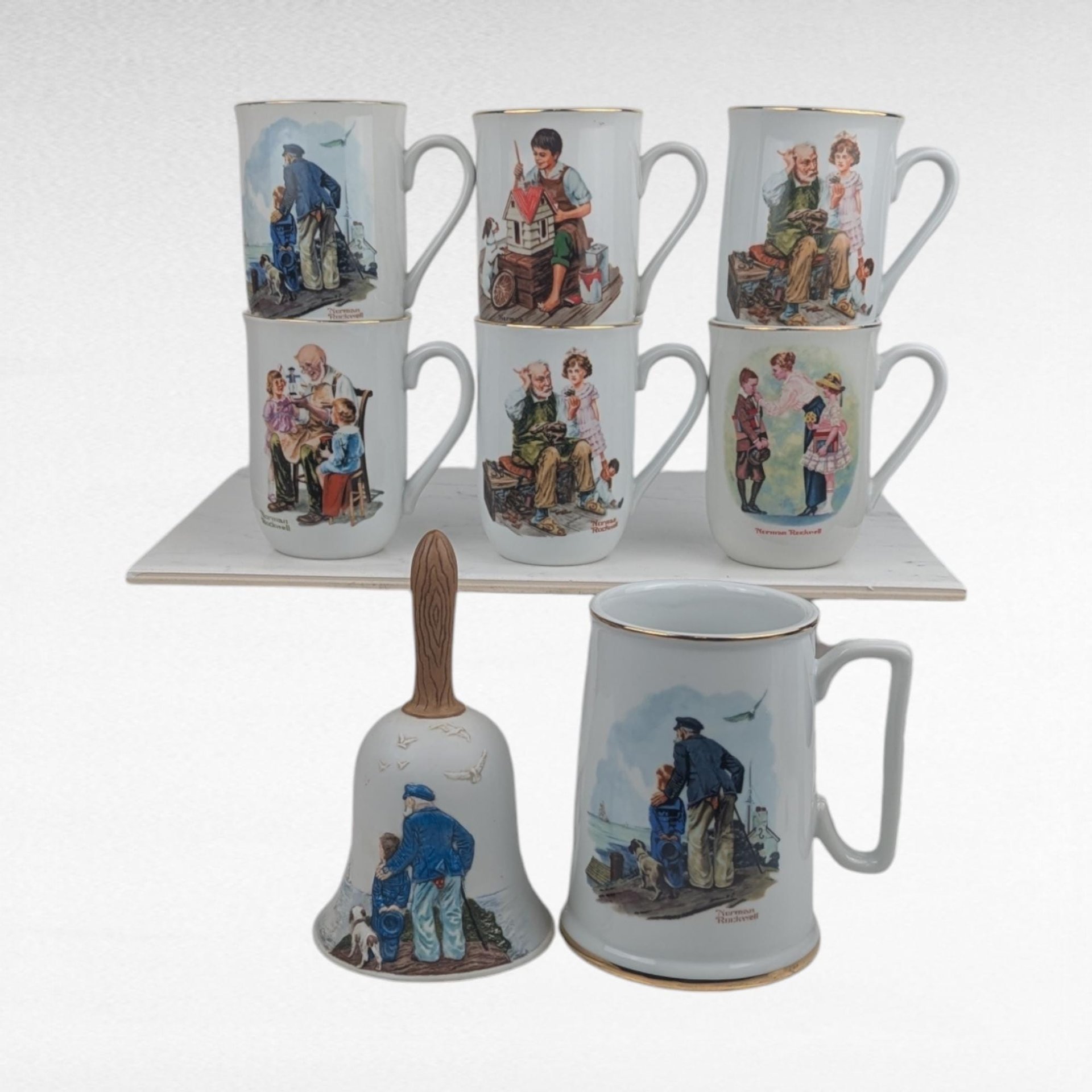 Vintage Norman Rockwell Mug and Bell Set, Seafarers Collection, Collectible Mugs, Kitchen Decor, Gift for Dad