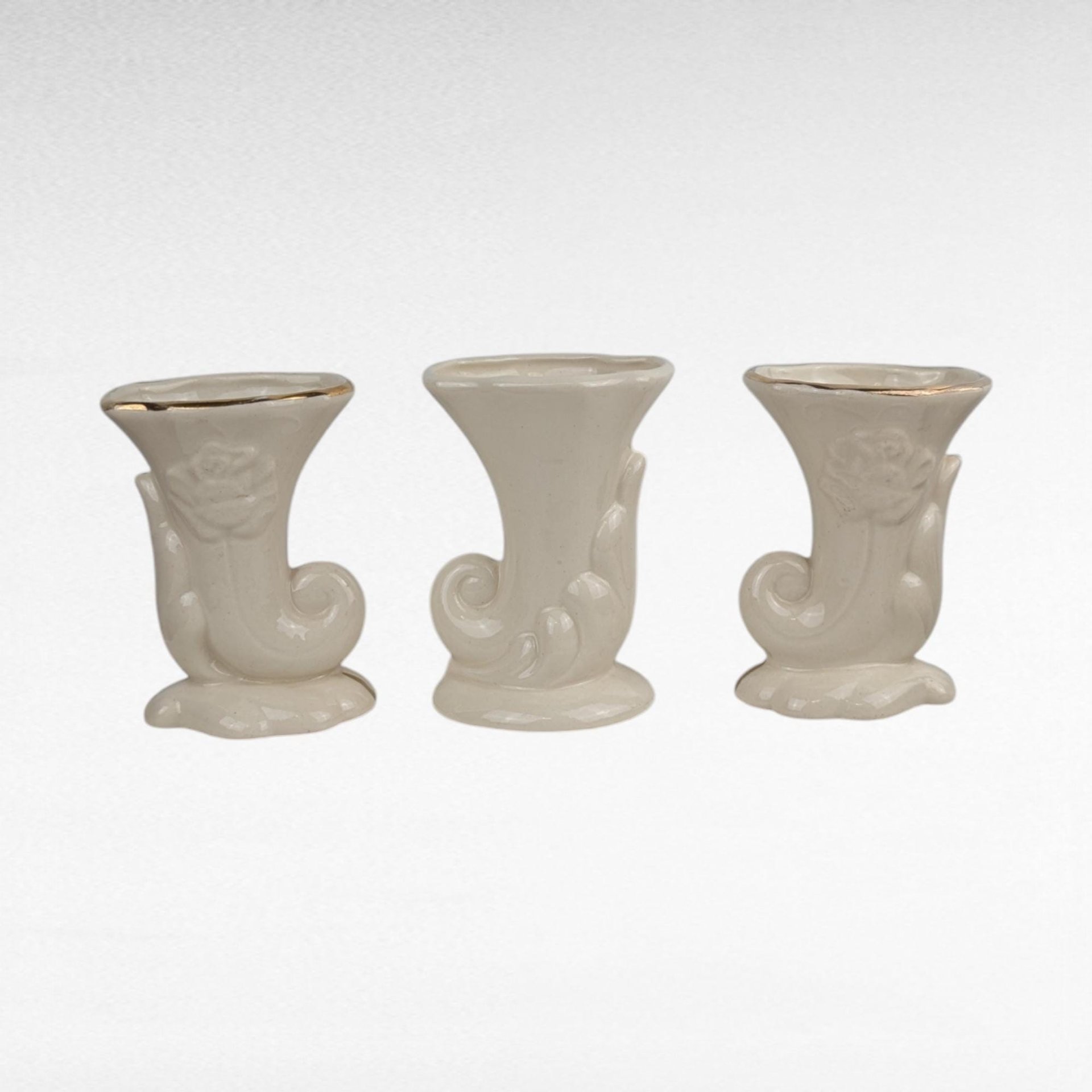 Vintage Cornucopia Bud Vases - Cream Ceramic with Pink Roses & Gold - Set of 3