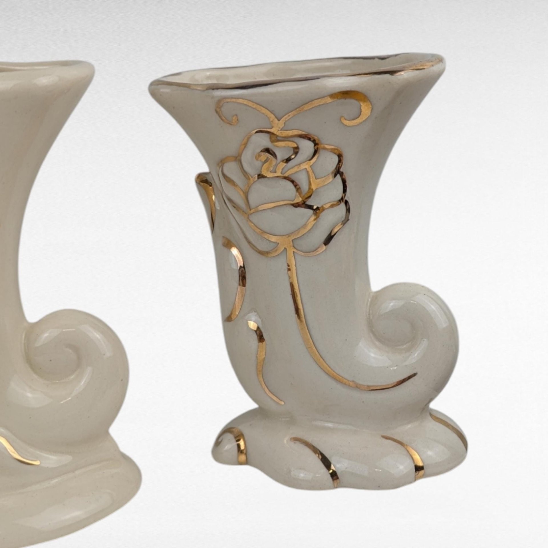 Vintage Cornucopia Bud Vases - Cream Ceramic with Pink Roses & Gold - Set of 3