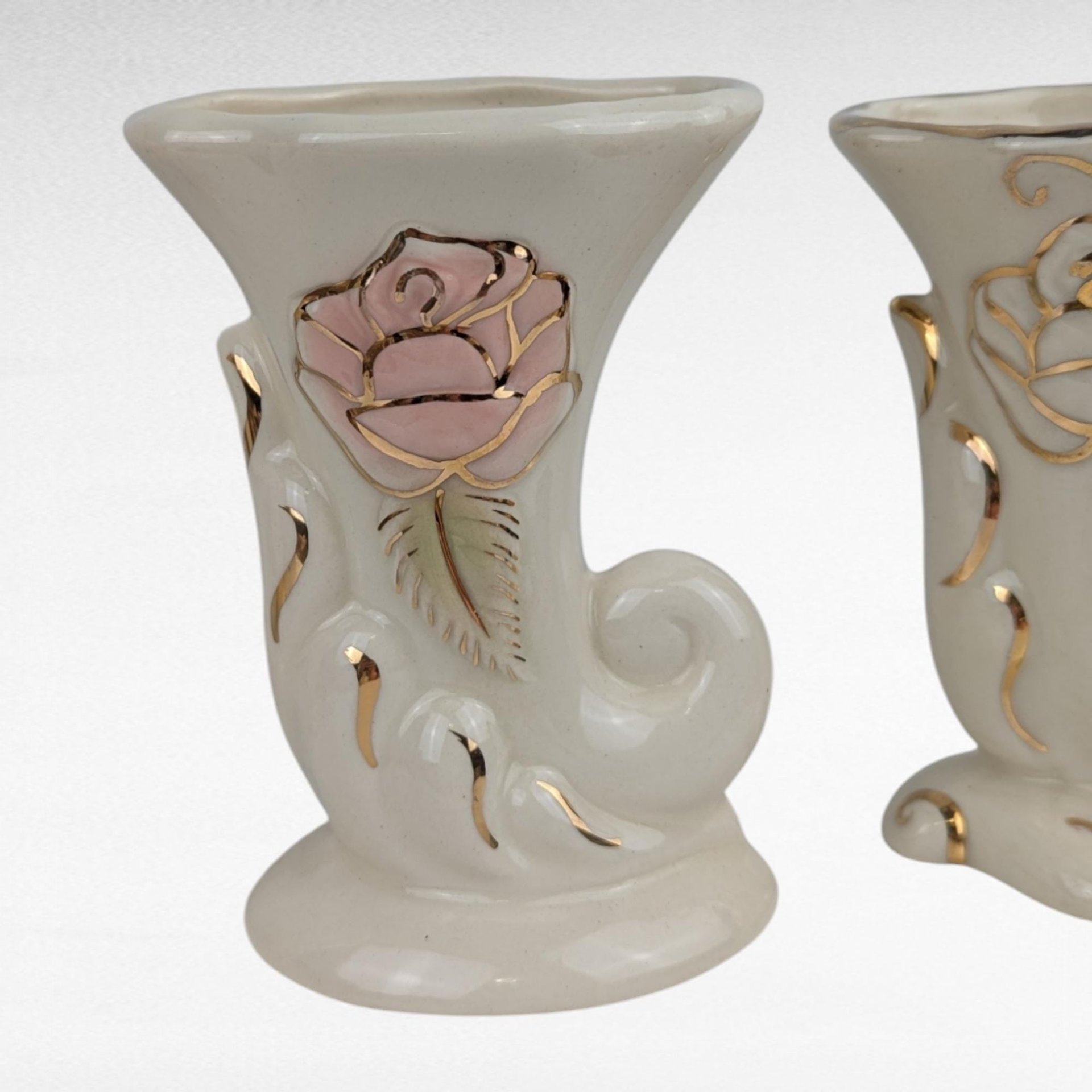 Vintage Cornucopia Bud Vases - Cream Ceramic with Pink Roses & Gold - Set of 3