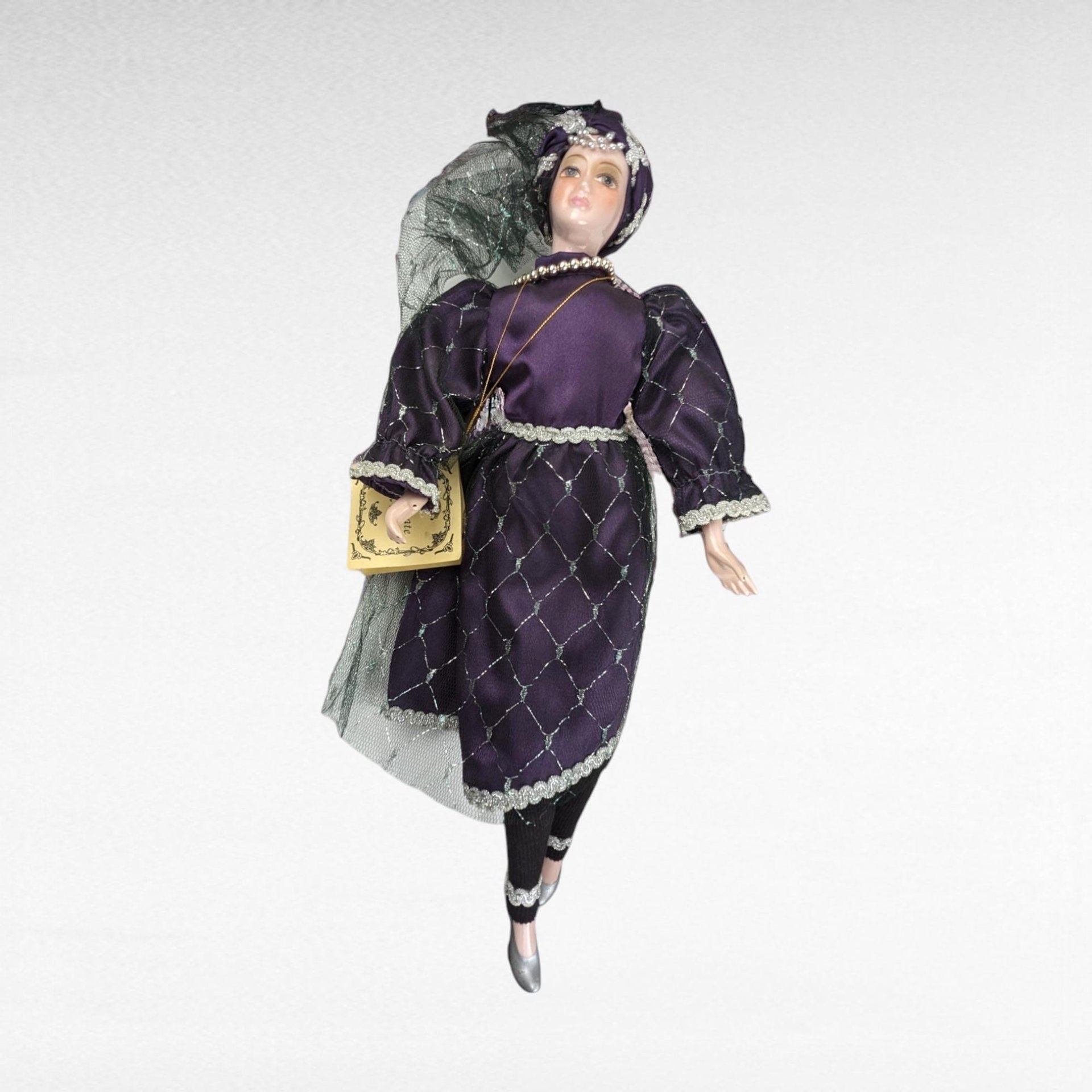 Vintage Kingstate Porcelain Harlequin Doll | 17.5 inch Collectible Doll | Purple Jester Doll | Clown Doll