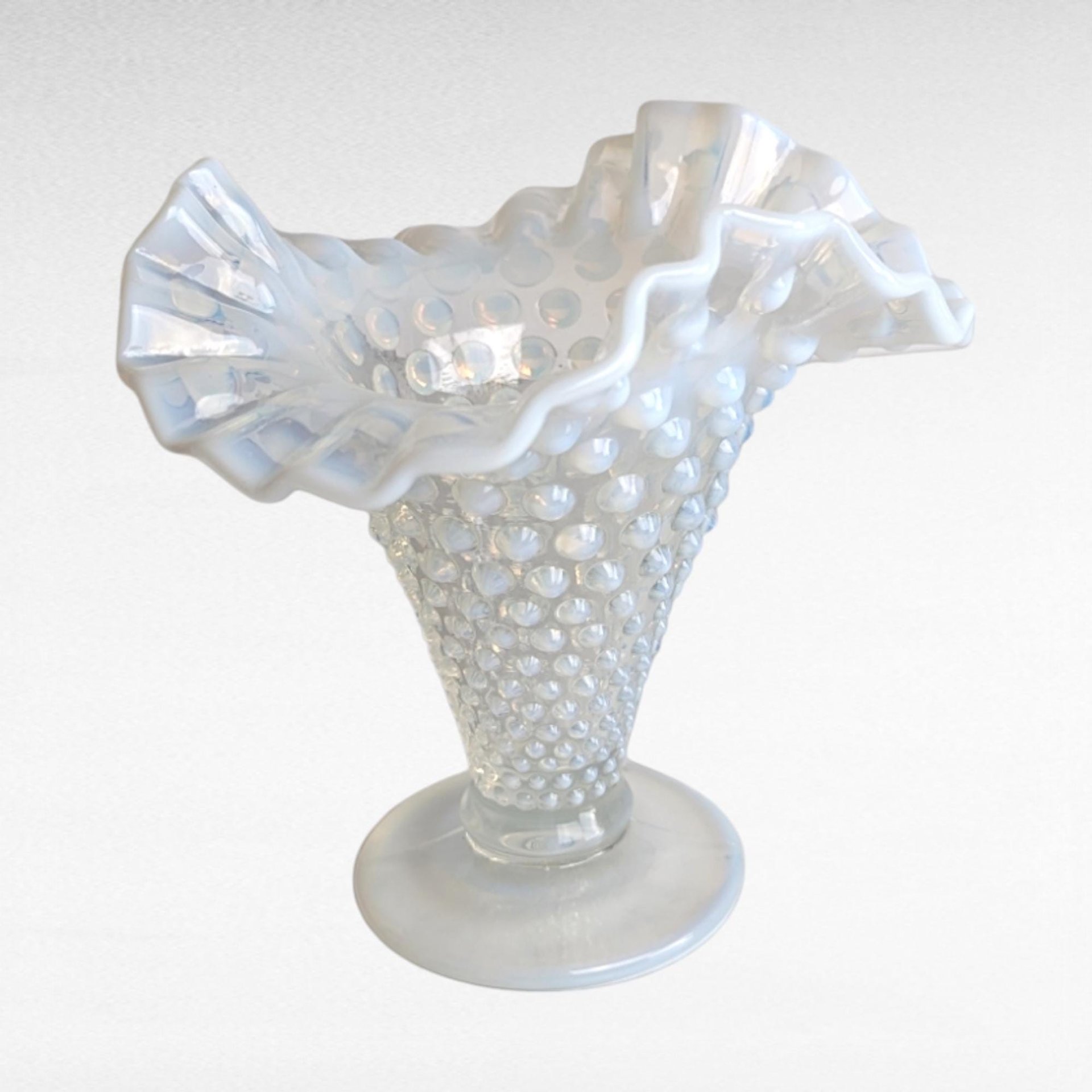 Vintage Fenton Moonstone Hobnail Vase | Opalescent Milk Glass | Ruffled Vase | Vintage Glassware | 5.5 Inches