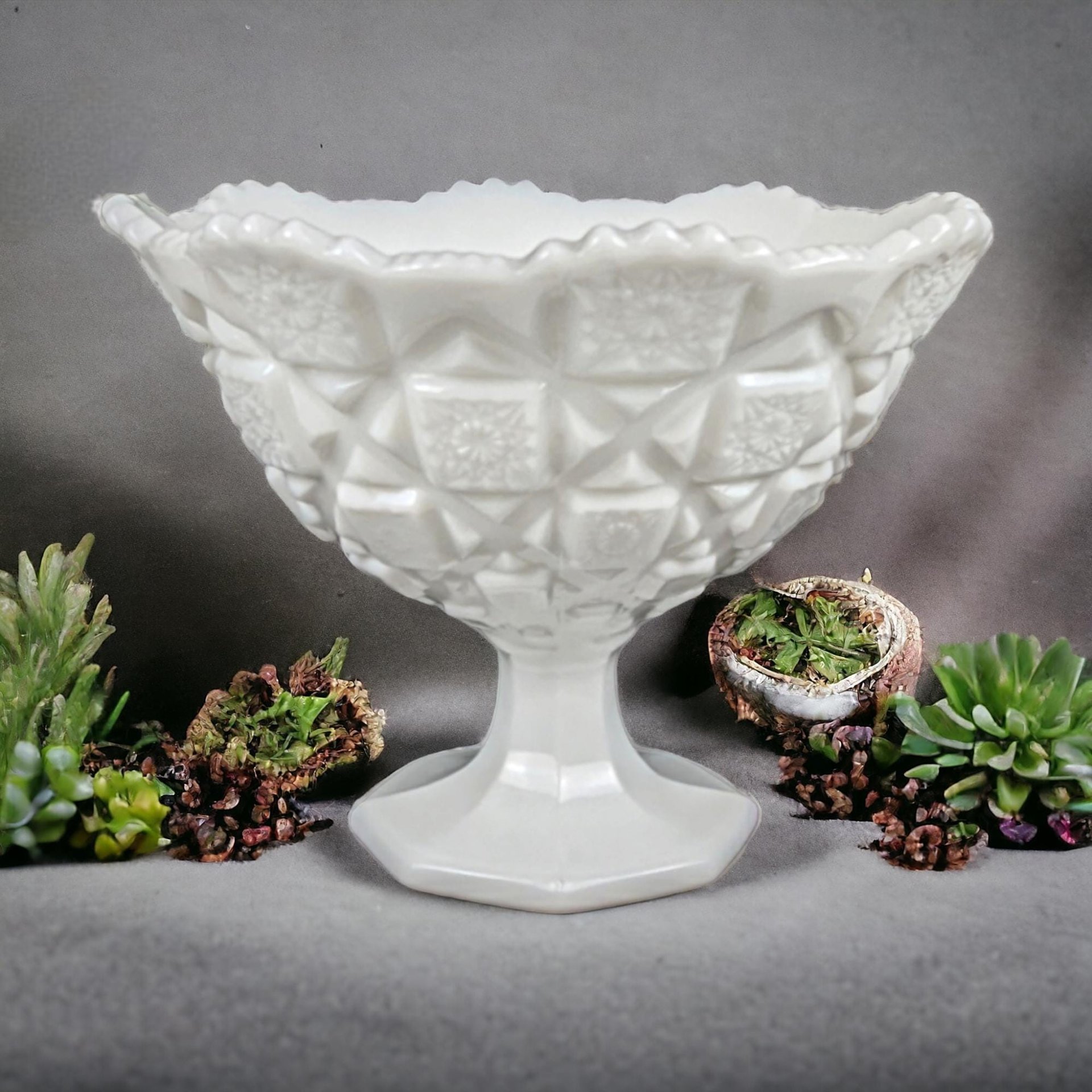 Vintage Westmoreland Old Quilt Milk Glass Bowl | Pedestal Bowl | Candy Dish | Collectible Glassware