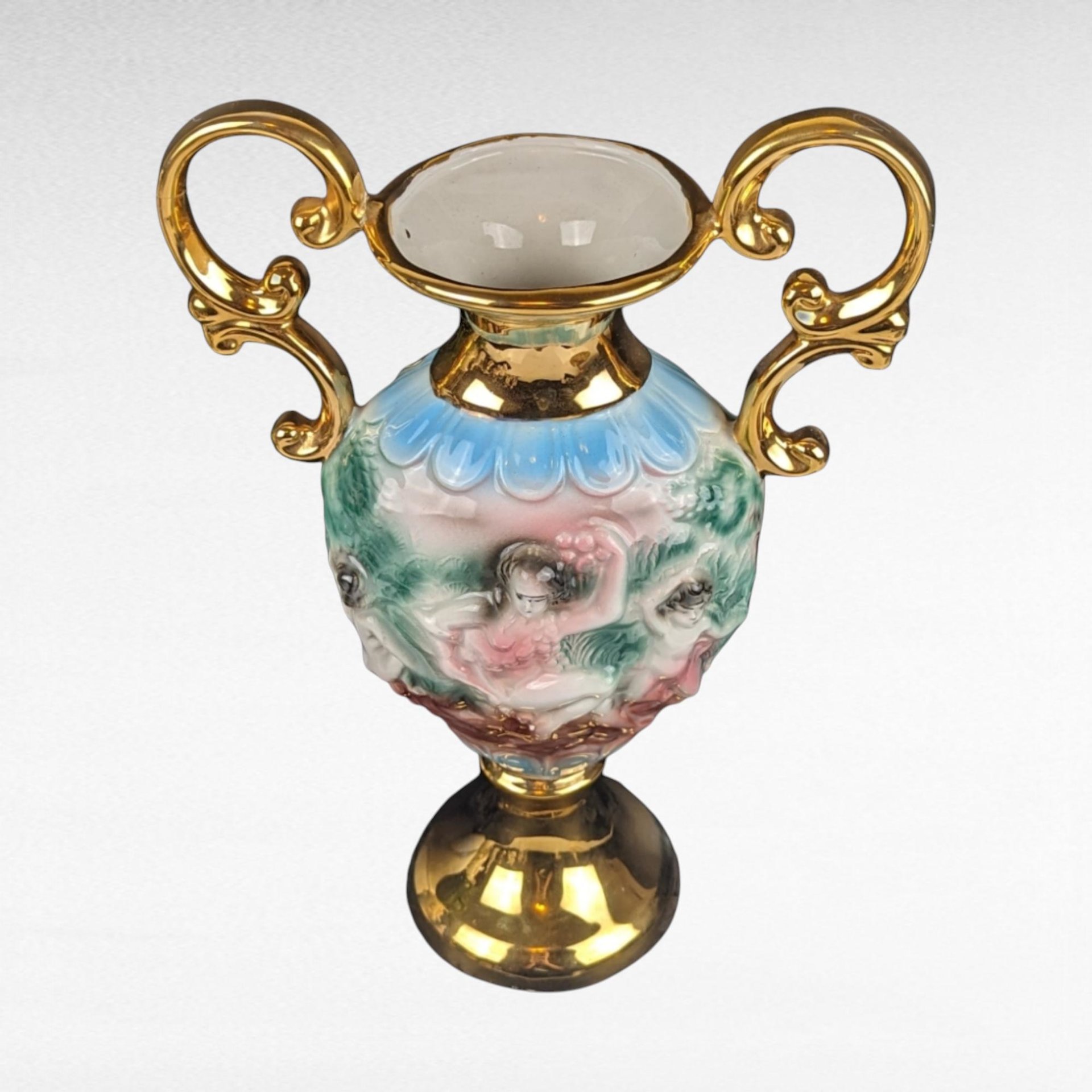 Vintage Italian Amphora Vase with Cherubs | 24K Gold | Porcelain Urn | Renaissance Style