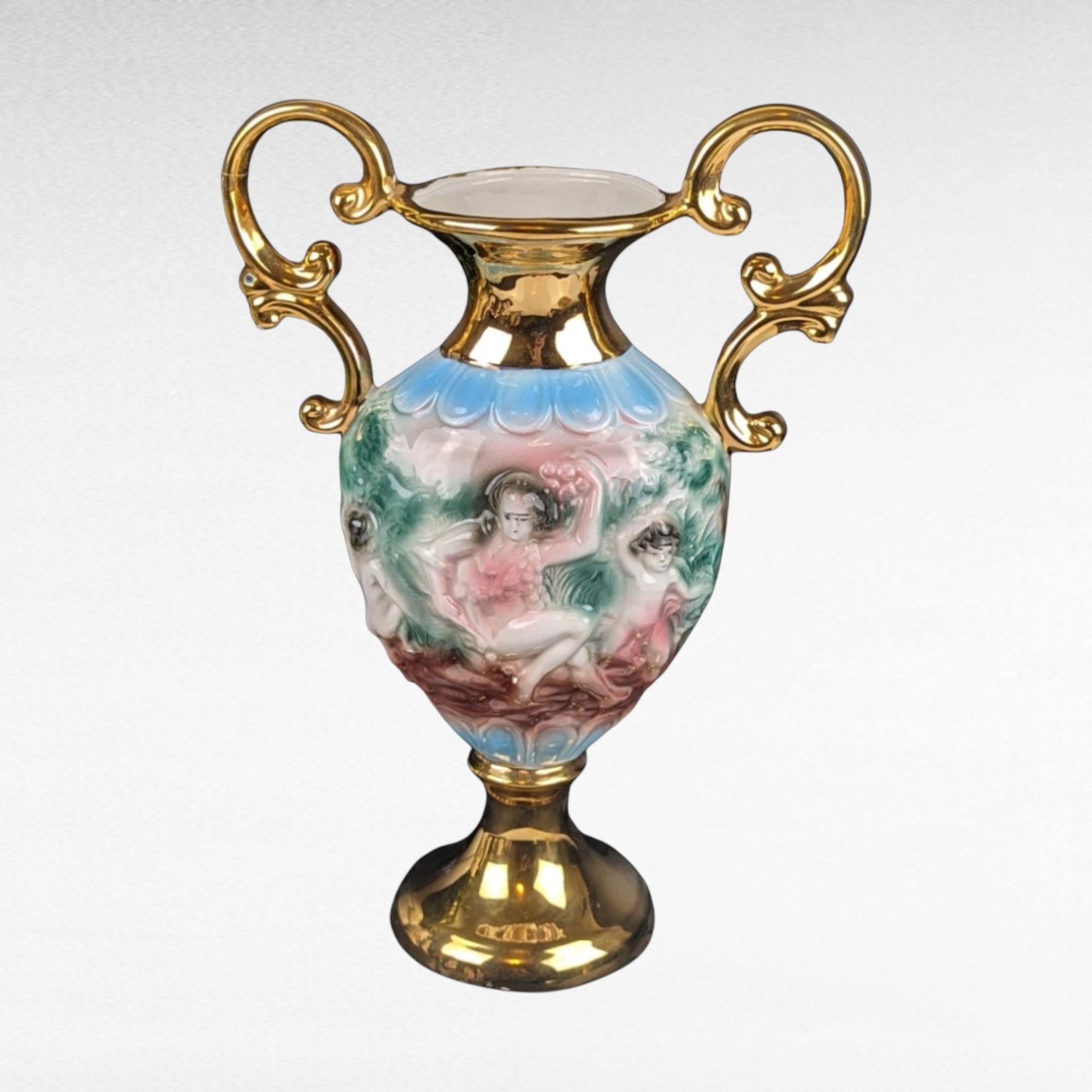 Vintage Italian Amphora Vase with Cherubs | 24K Gold | Porcelain Urn | Renaissance Style