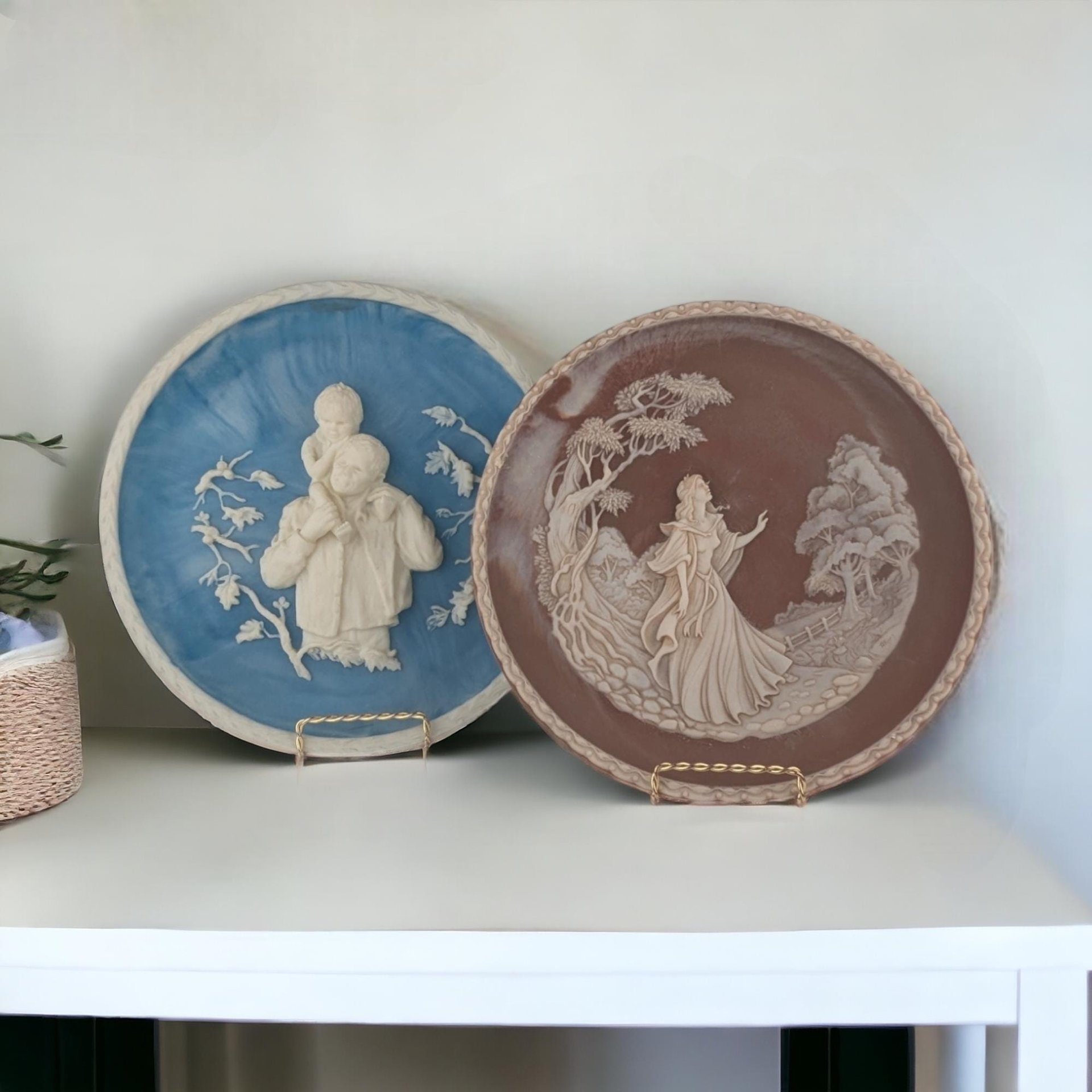 Vintage Incolay Stone Wall Plaques | Daddy & I | I Stood Tiptoe | 10 Inch Plates | Set of 2