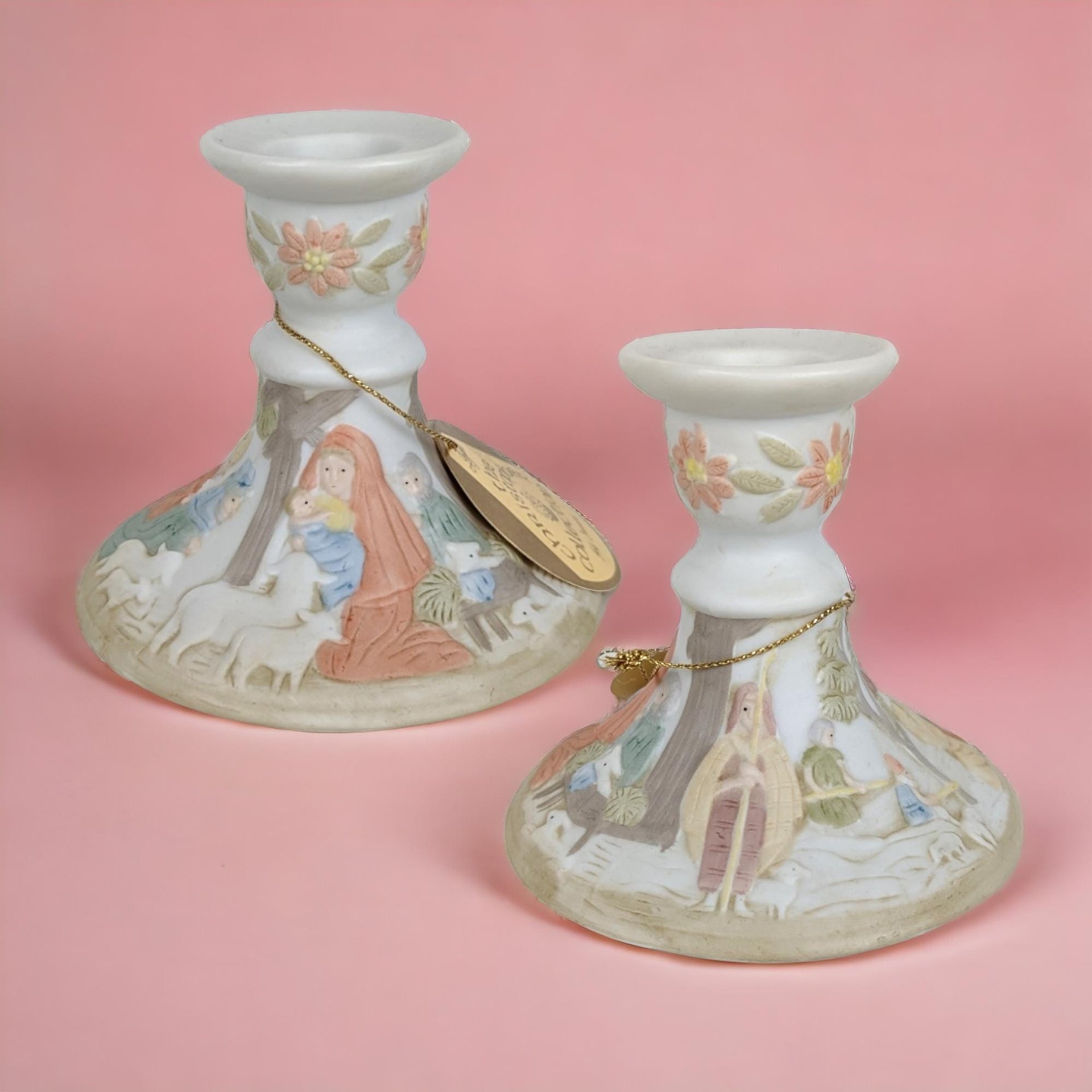 Pair of Lefton Christopher Collection Nativity Candle Holders | 03430 | Vintage Christmas Decor