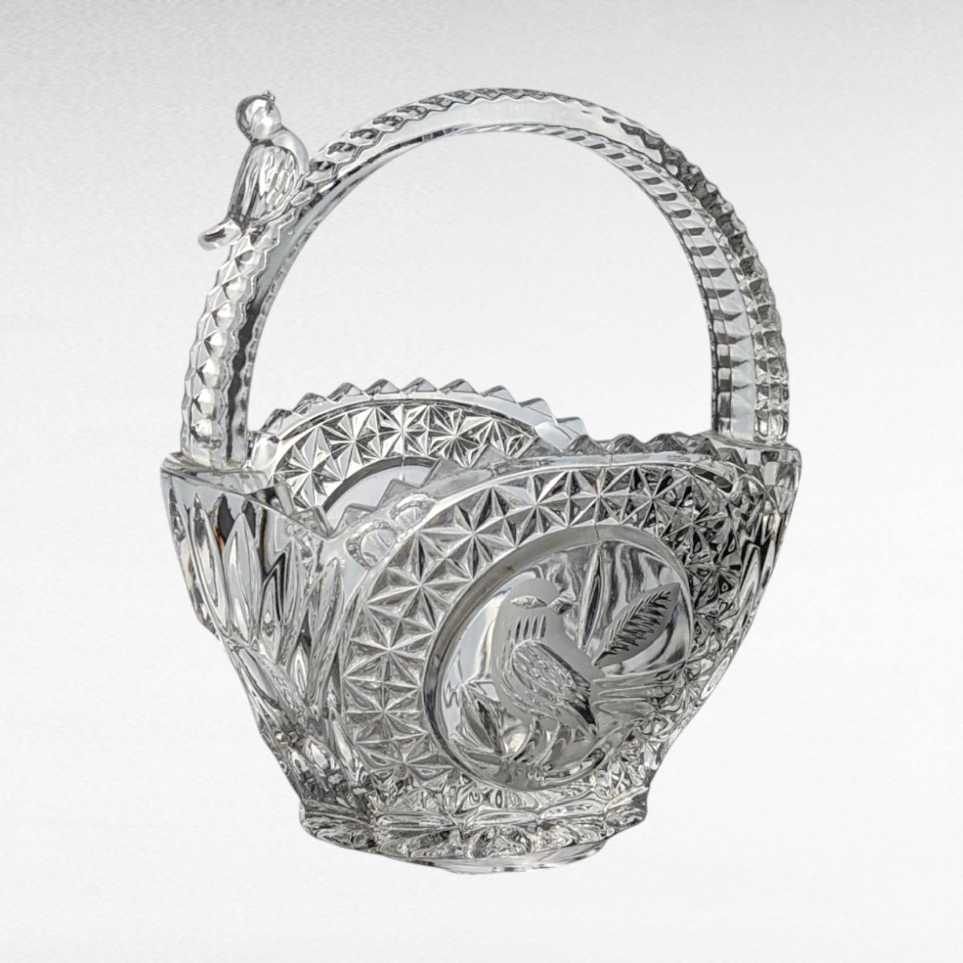 Hofbauer Byrdes Collection Glass Basket | Etched Bird Design | Vintage Crystal Basket | Made in Germany