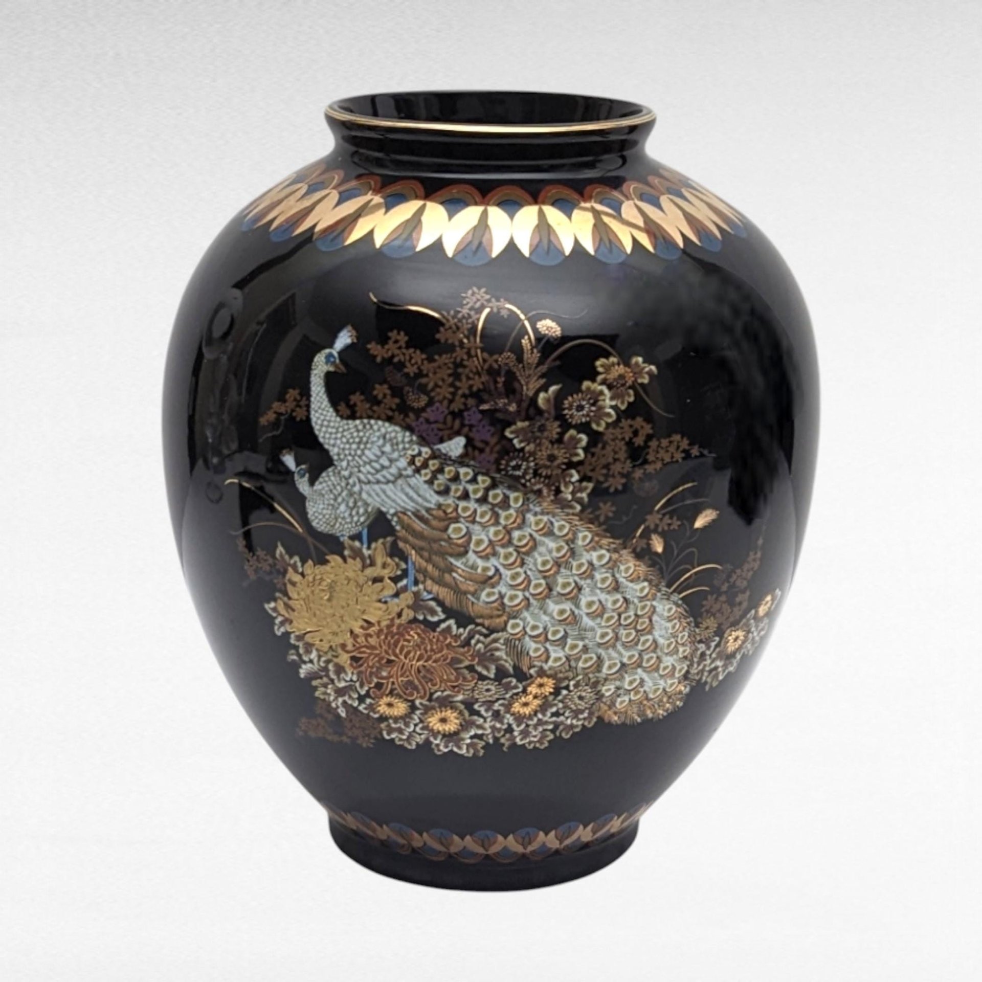 Vintage Japanese Black Porcelain Vase with Peacock | Gold Accents | Floral Design | 7.25 Inches