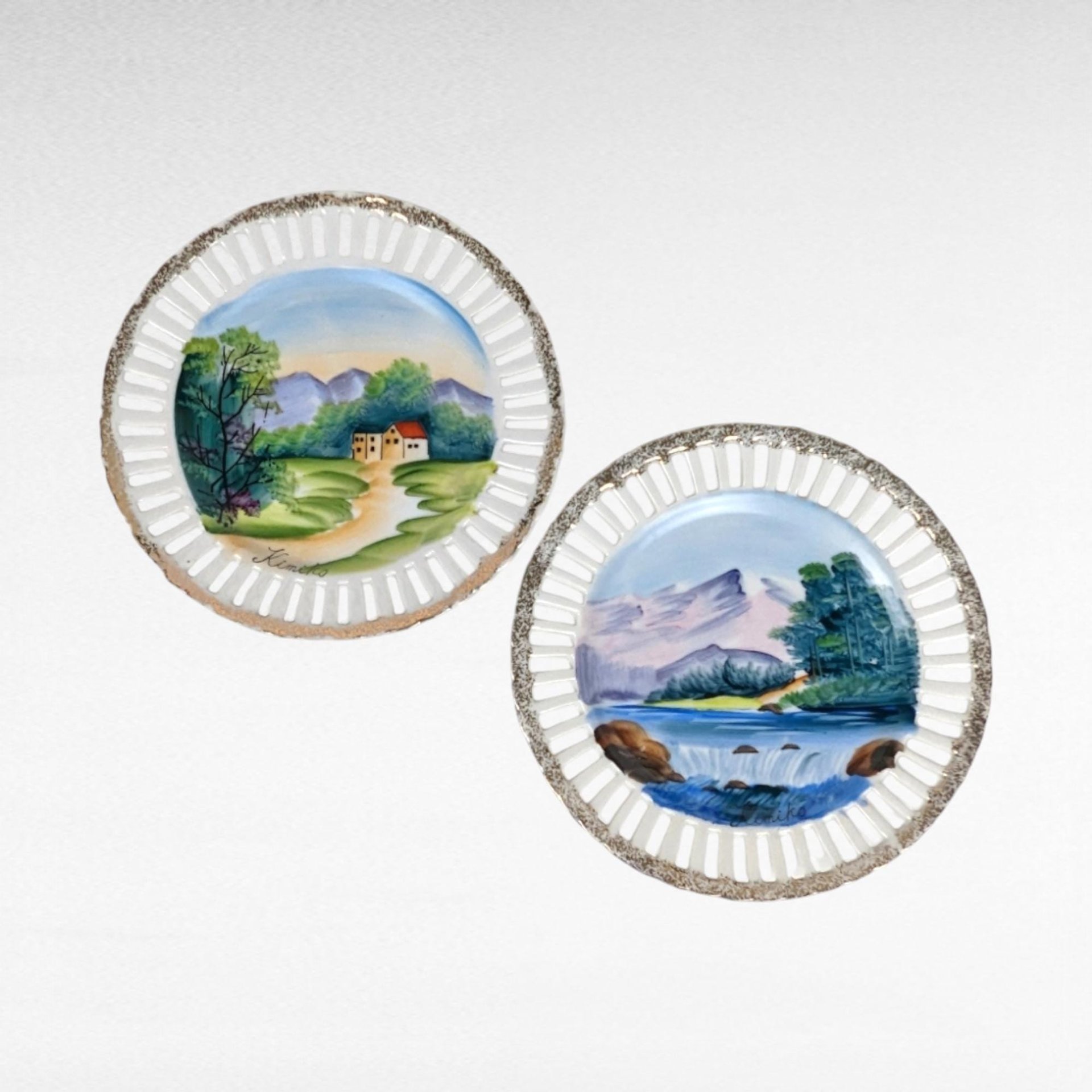 Pair of Kimiko Hand-Painted Reticulated Plates | Landscape Scenes | 7 Inch | Vintage Decor