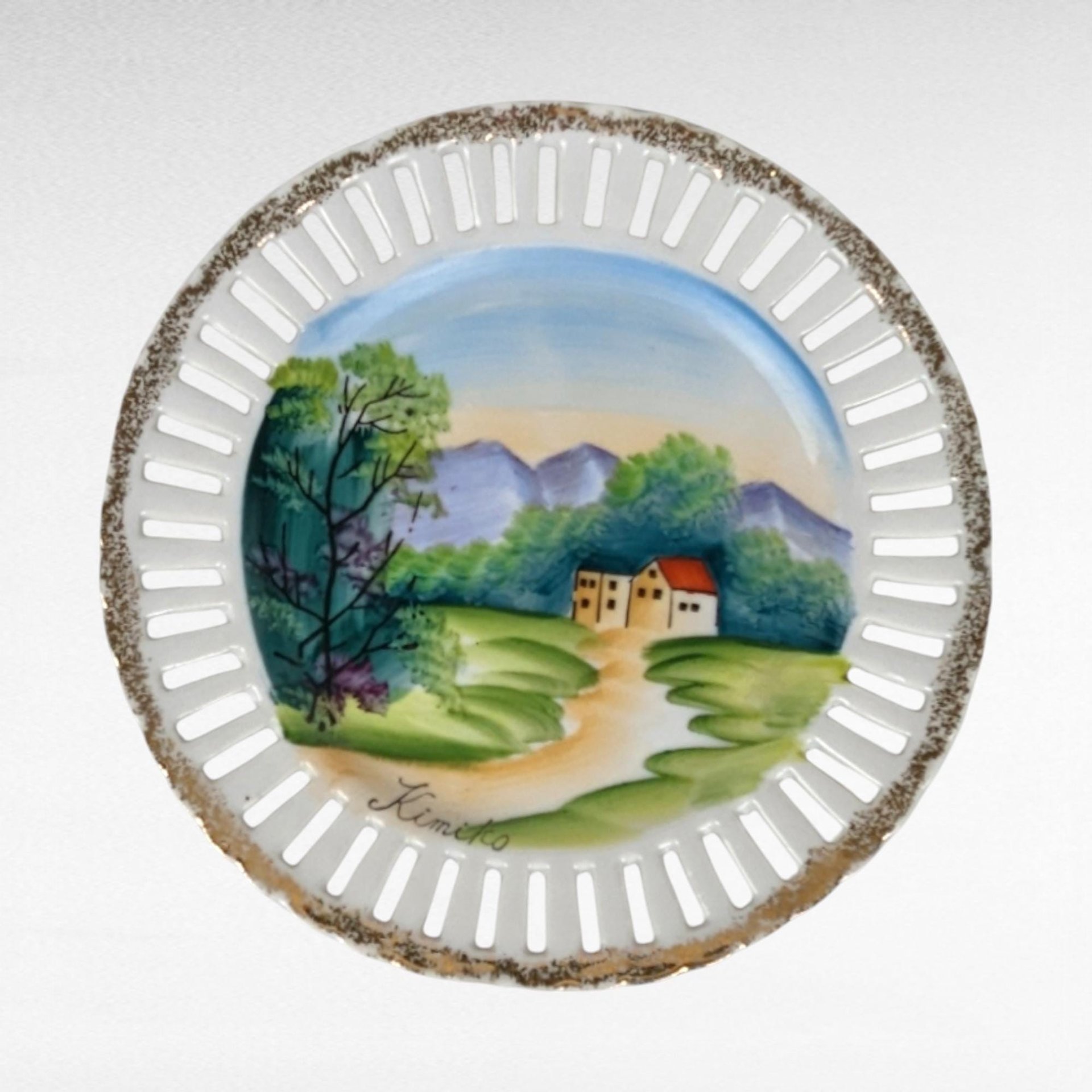 Pair of Kimiko Hand-Painted Reticulated Plates | Landscape Scenes | 7 Inch | Vintage Decor