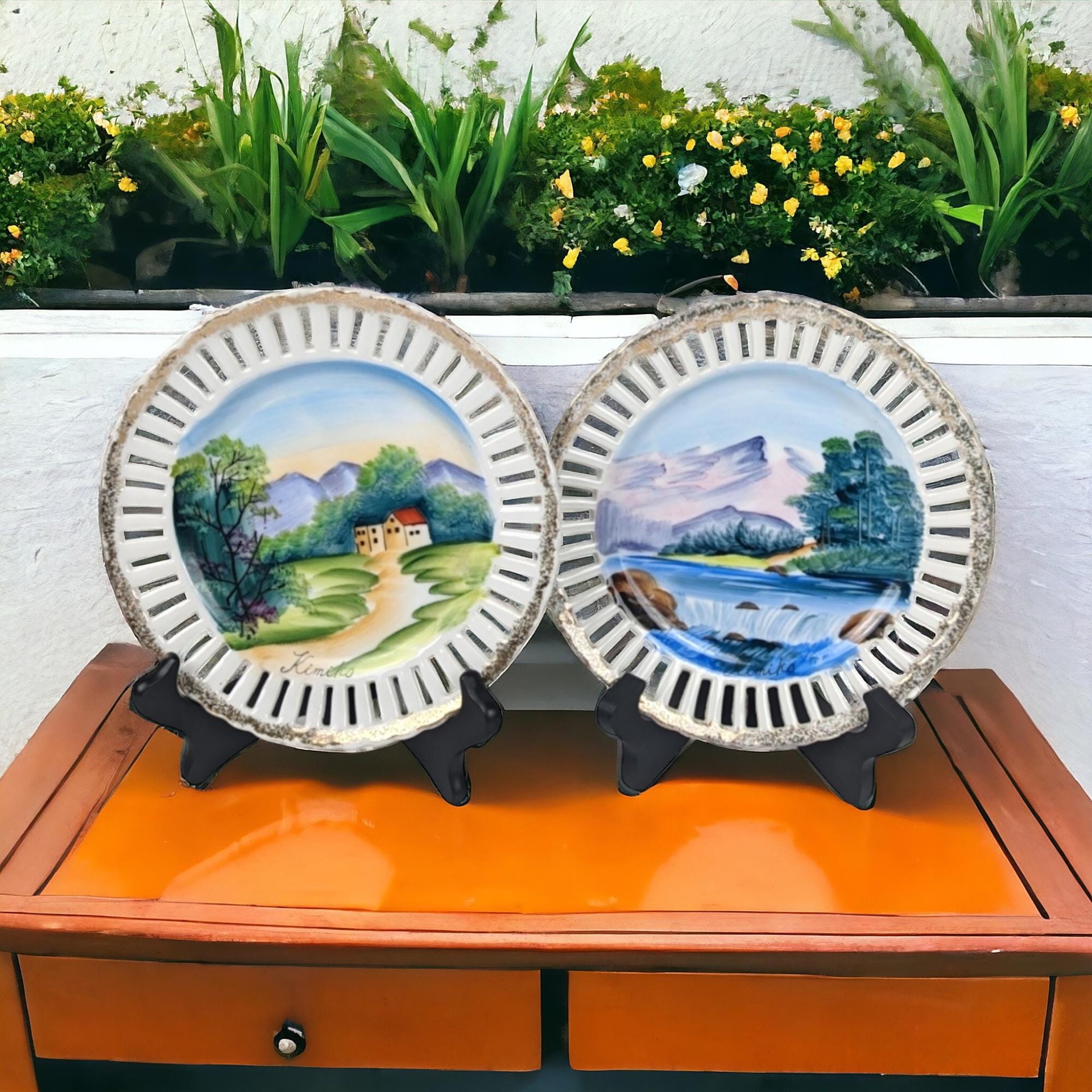 Pair of Kimiko Hand-Painted Reticulated Plates | Landscape Scenes | 7 Inch | Vintage Decor