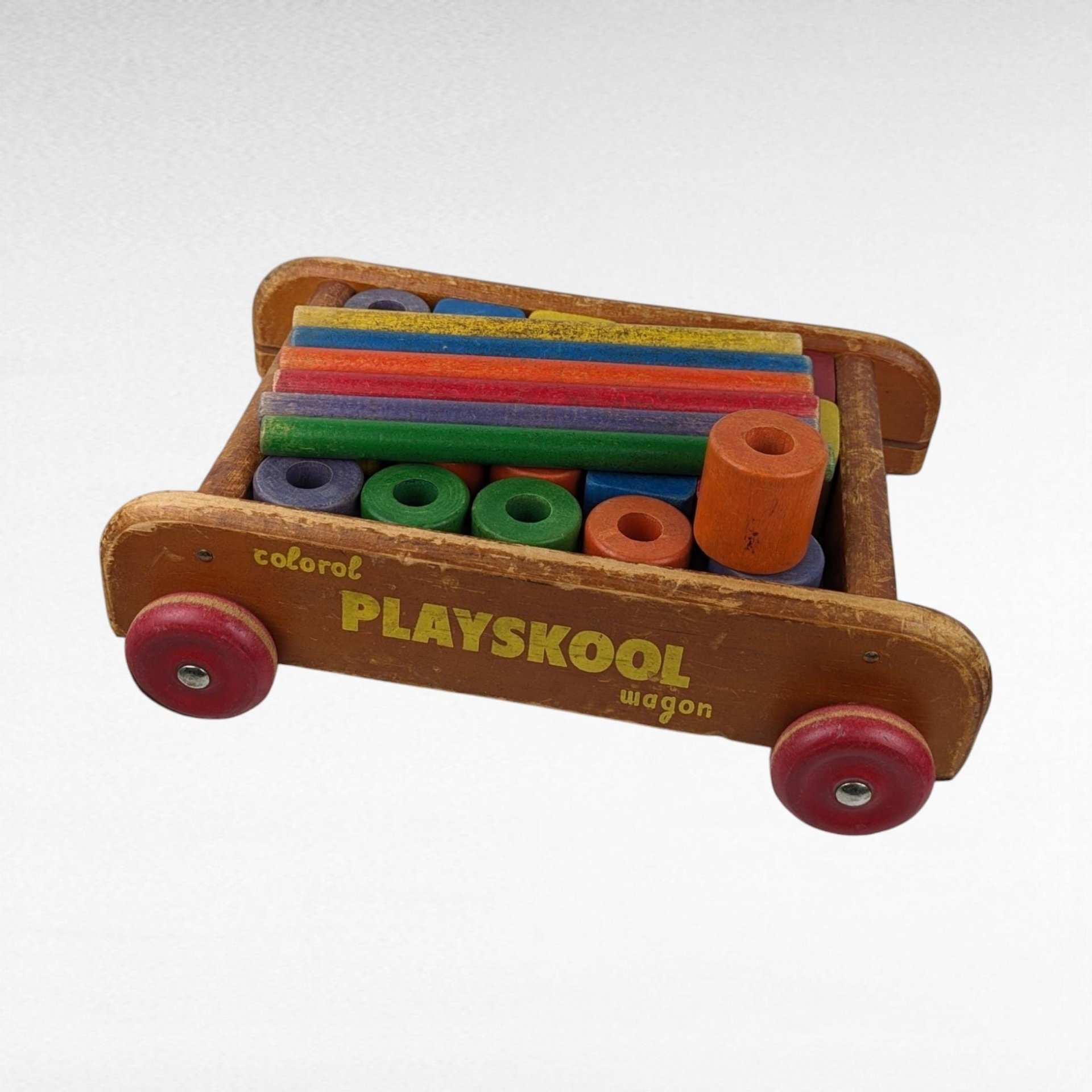 Vintage Playskool Colorol Wagon with Blocks | Wooden Pull Toy | Classic Toy | 1950s Toy | Educational Toy