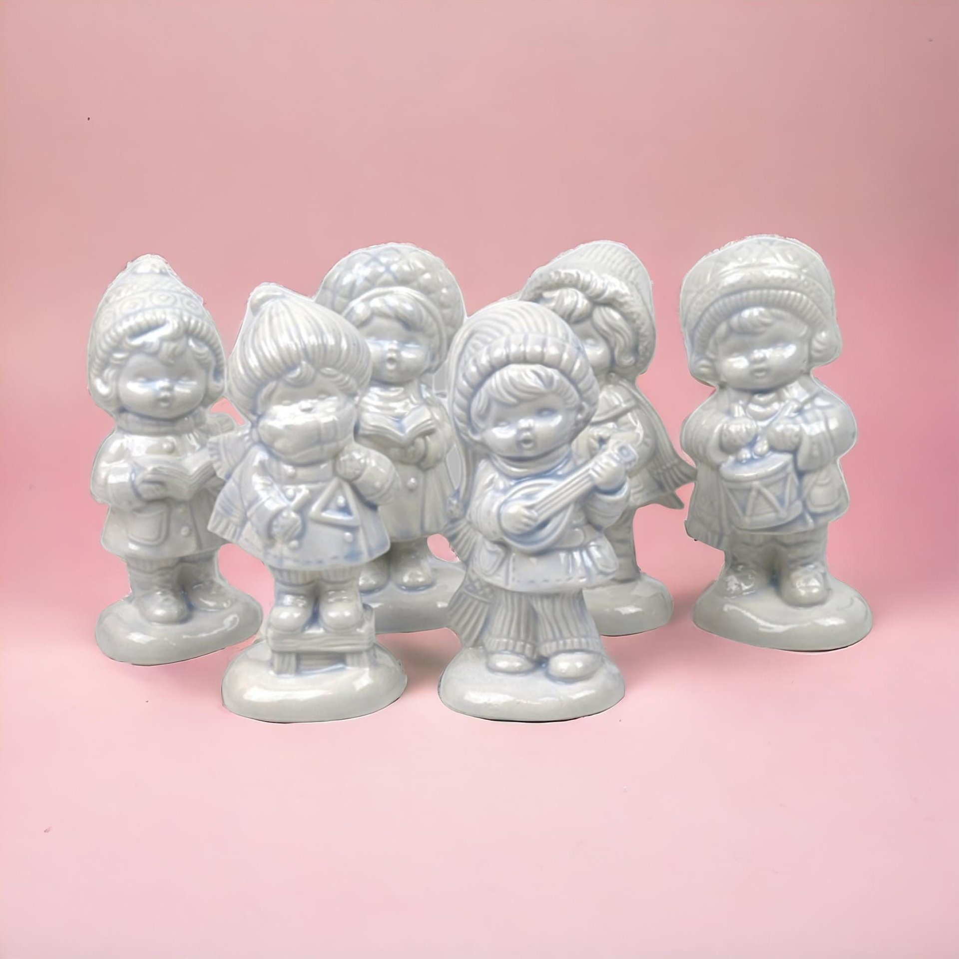 Set of 6 Vintage Ceramic Caroler Figurines, Hand-Painted, Blue Tint, 5.5 Inches Tall, Christmas Decor