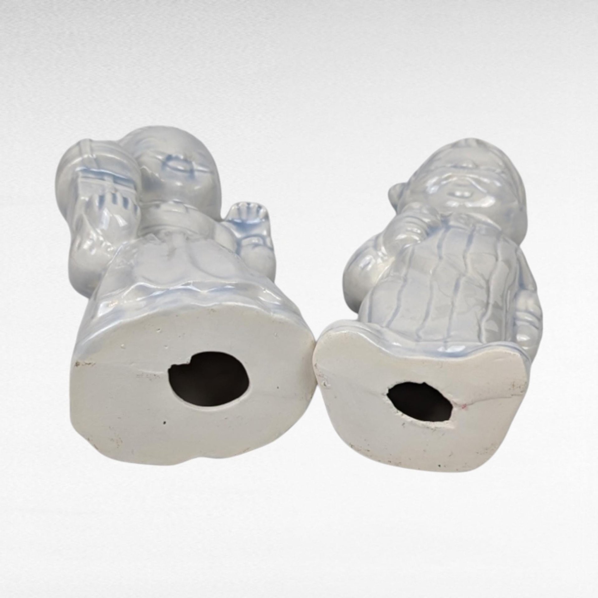 Pair of Vintage Ceramic Christmas Figurines, Man and Woman in Pajamas, Hand-Painted, Blue Tint, 7 Inches