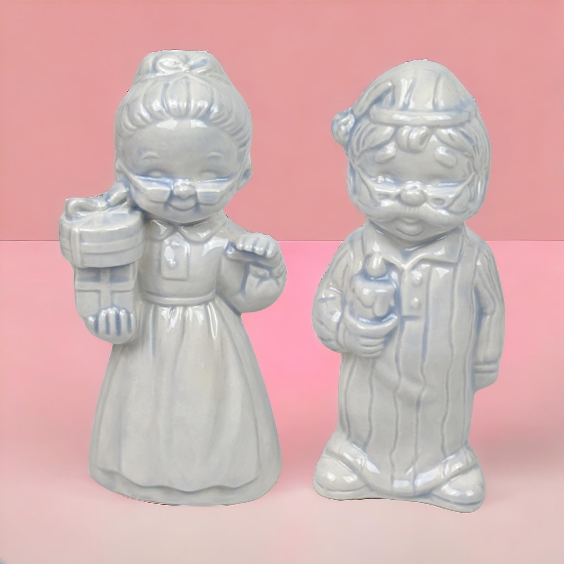 Pair of Vintage Ceramic Christmas Figurines, Man and Woman in Pajamas, Hand-Painted, Blue Tint, 7 Inches