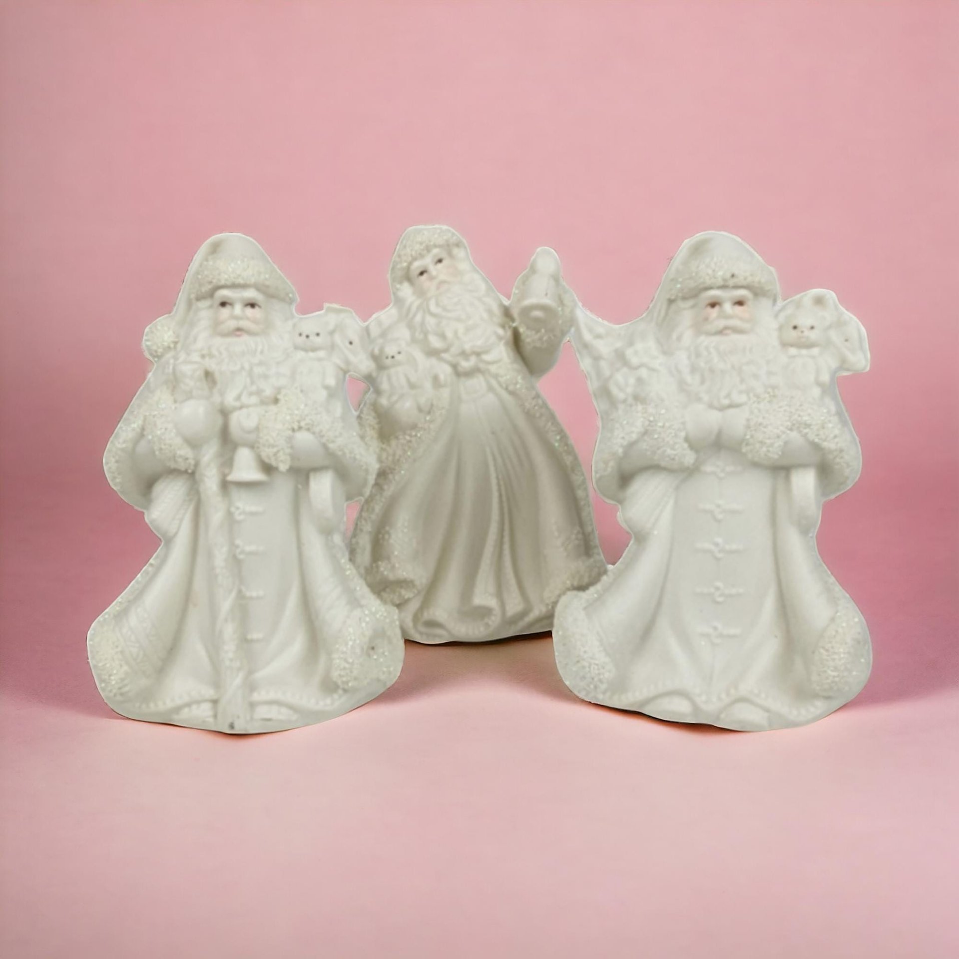 Set of 3 Vintage K's Collection Bisque Santa Figurines, 6 Inches Tall, White, Christmas Decor