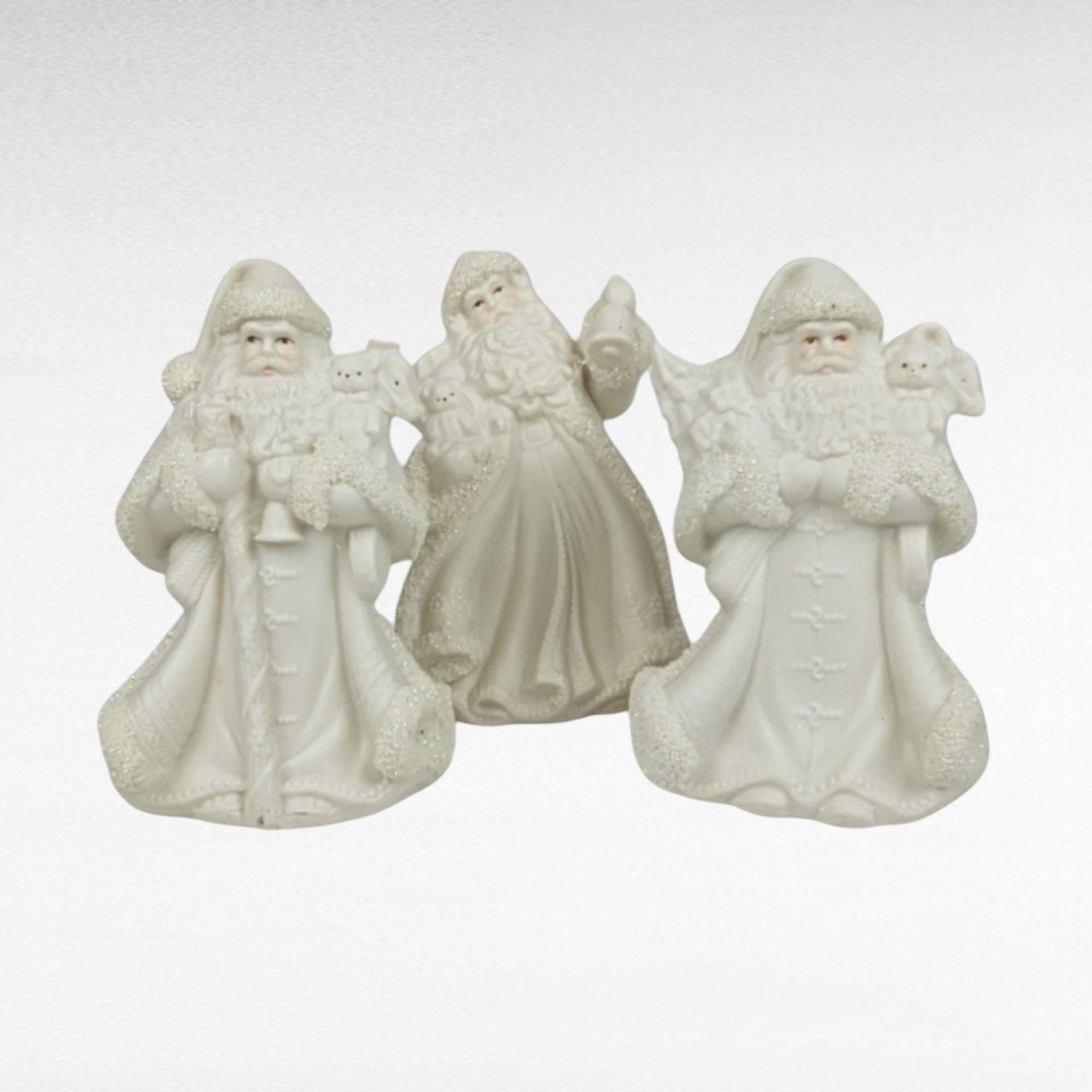 Set of 3 Vintage K's Collection Bisque Santa Figurines, 6 Inches Tall, White, Christmas Decor